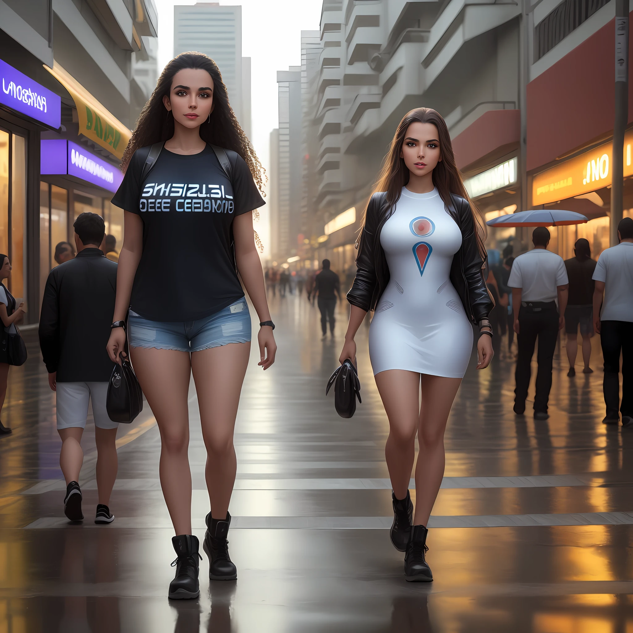 (8k, RAW photo, best quality, masterpiece: 1.2), (realistic, photorealistic: 1.37), 1 beautiful Brazilian woman standing on the sidewalk, futuristic cityscape, many shops around, downtown Rio de Janeiro, cars on the street, VLT rails, day, sunny morning, wet floor, professional lighting, photon mapping, radiosity, Brazilian woman with marquinha, shirt, futuristic woman.