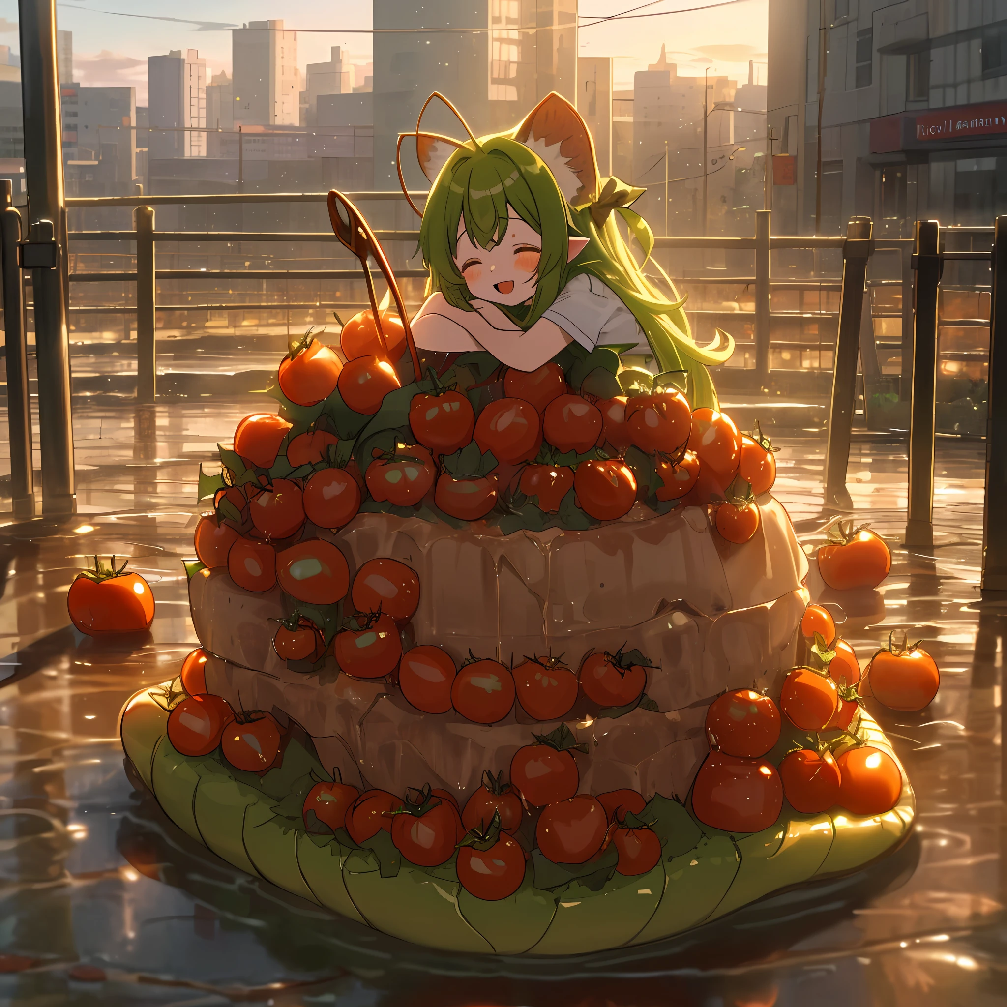 tomatoesgirl , green meps, golden eyes, tomatoes, lamia, mud, scales, tail, stand, masal, (m), melting, depth field, volumetric light, 4K, 8K, full body, Highres, city, evening, happy, closed eyes, open mouth, streets, antennas