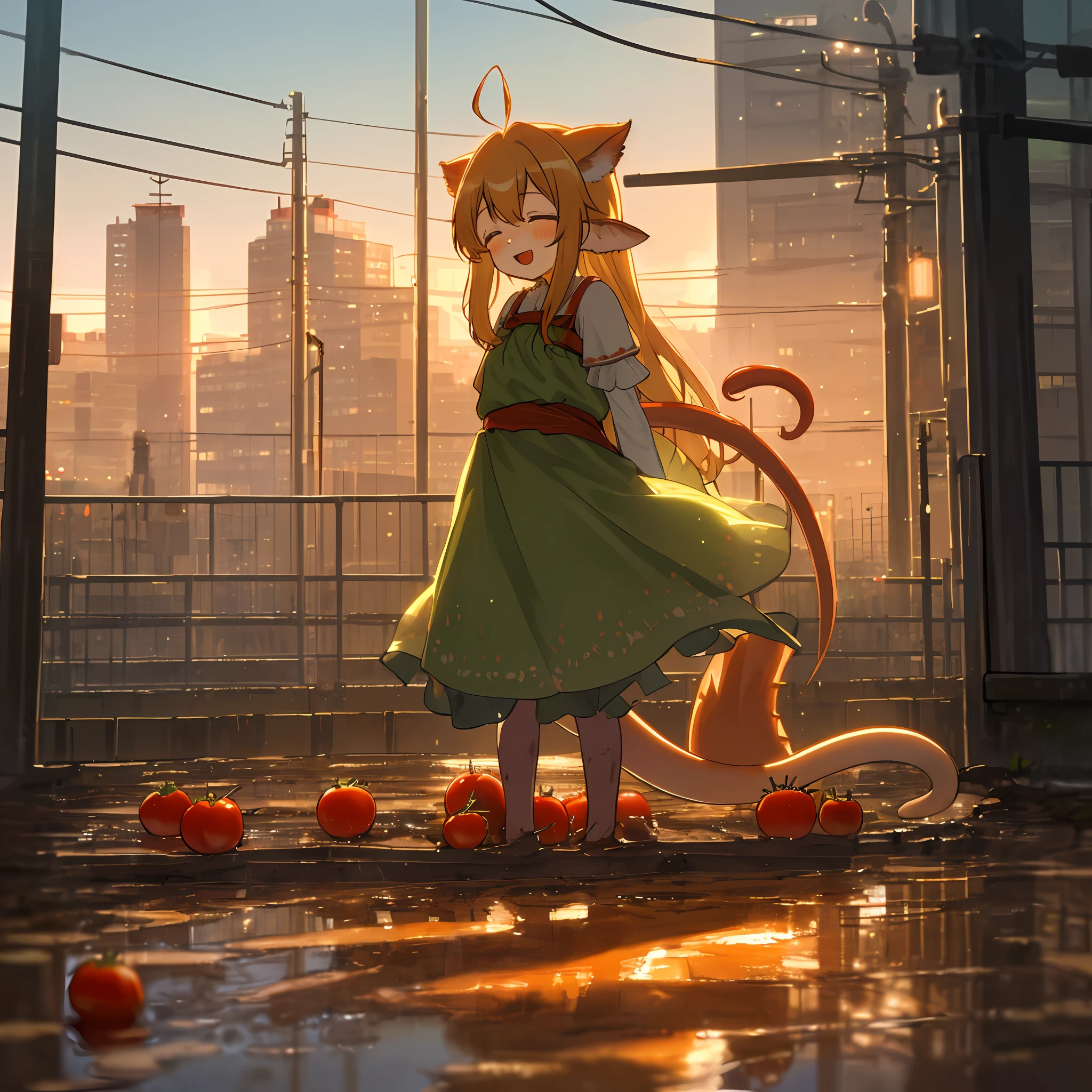 tomatoesgirl , green meps, golden eyes, tomatoes, lamia, mud, scales, tail, stand, masal, (m), melting, depth field, volumetric light, 4K, 8K, full body, Highres, city, evening, happy, closed eyes, open mouth, streets, antennas