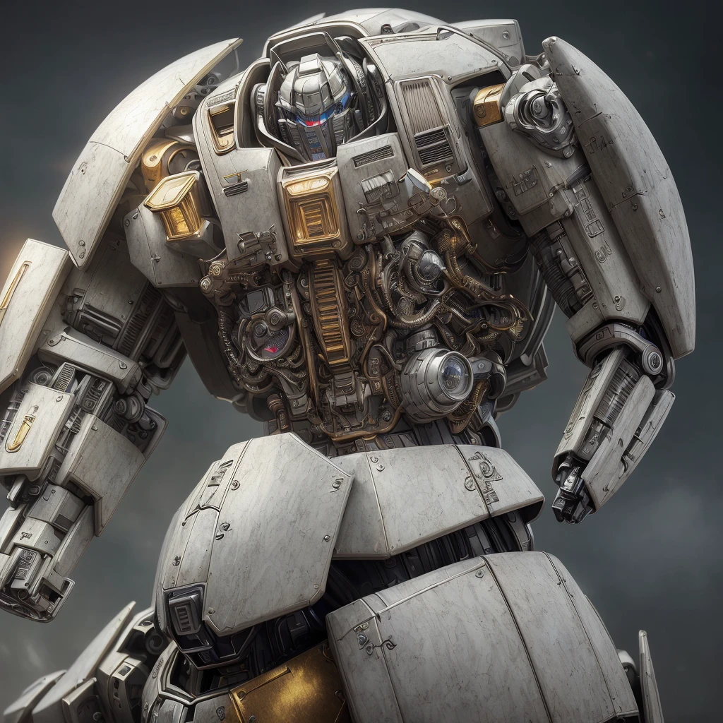 ((Masterpiece, highest quality)), illustrations, ultra-detailed 8k, photorealistic, sharp focus, highly detailed, professional lighting, intricate detail, large mechanical robot, gundam, gym custom, crisp detail