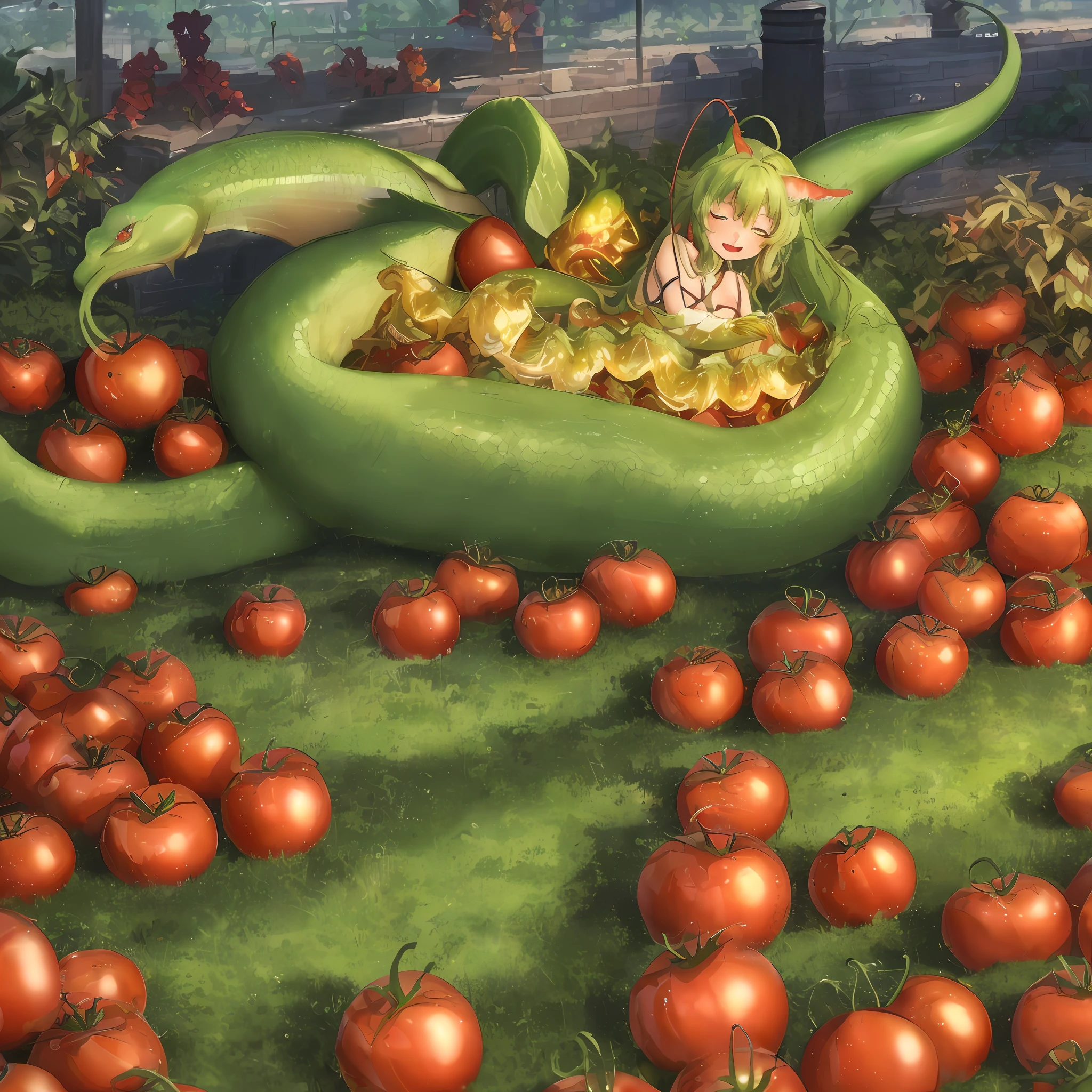 tomatoesgirl , green meps, golden eyes, tomatoes, lamia, mud, scales, tail, stand, masal, (m), melting, depth field, volumetric light, 4K, 8K, full body, Highres, city, evening, happy, closed eyes, open mouth, streets, antennas