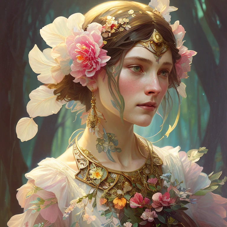 The prompt: (symmetry: 1.1) (floral portrait: 1.05) a mulatto woman as a FAIRY OF THE FOREST, (assassins creed style: 0.8), pink and gold and opal color scheme, beautiful and intricate filegrid face painting, intricate, elegant, highly detailed, digital painting, art station, conceptual art, smooth, sharp focus, illustration, art by Greg Rutkowski and Alphonse Mucha, 8k