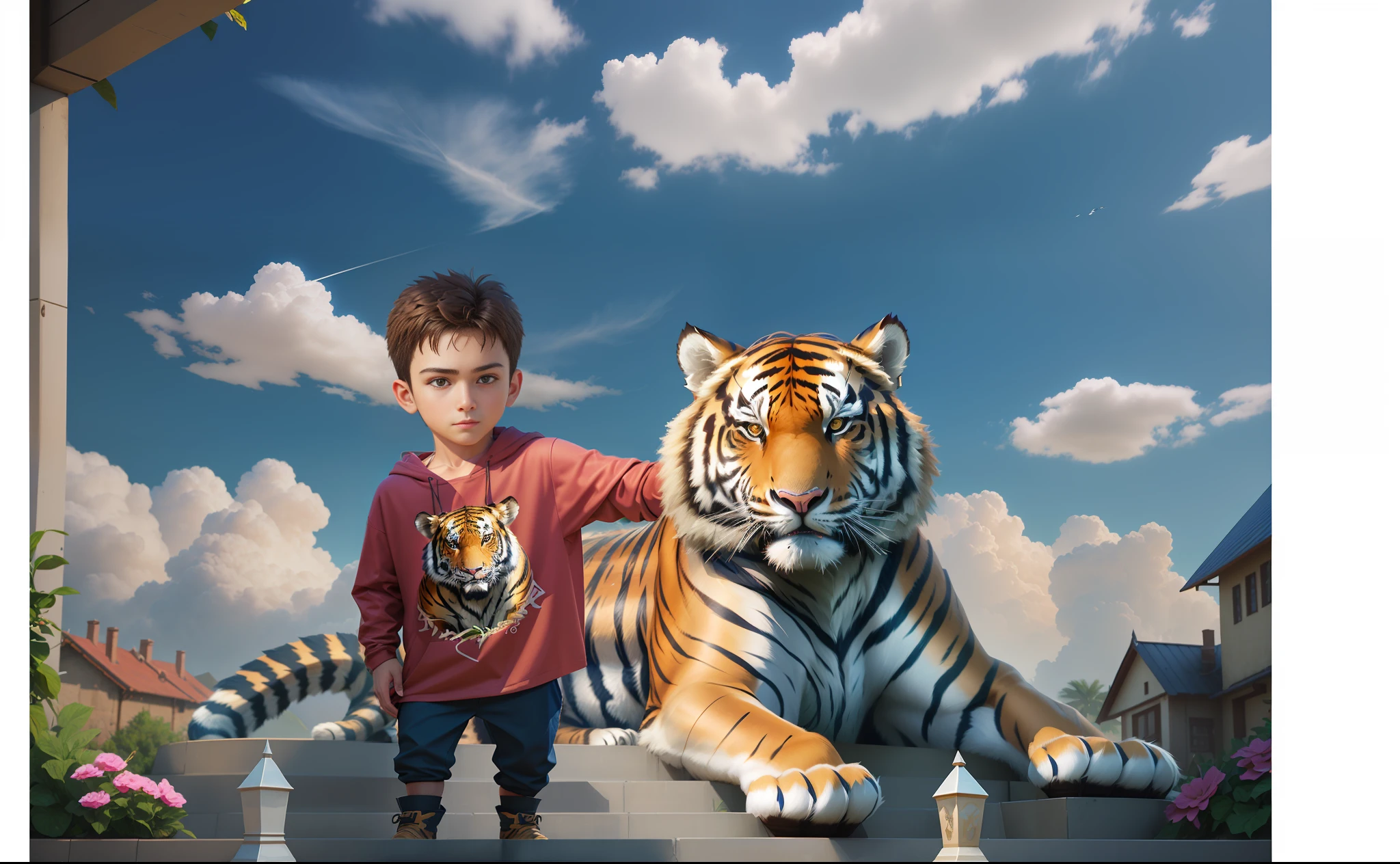 there is a young armored knight, standing next to a large tiger,1boy with his friend tiger, photo manipulation, realistic picture, hyper realistic background, photomanipulation, ((tiger)), photorealistic!!!!!!! art style, photo 3d, photo 3 d, made in maya and photoshop, tigers, photoshopped, reyyan, tiger_beast