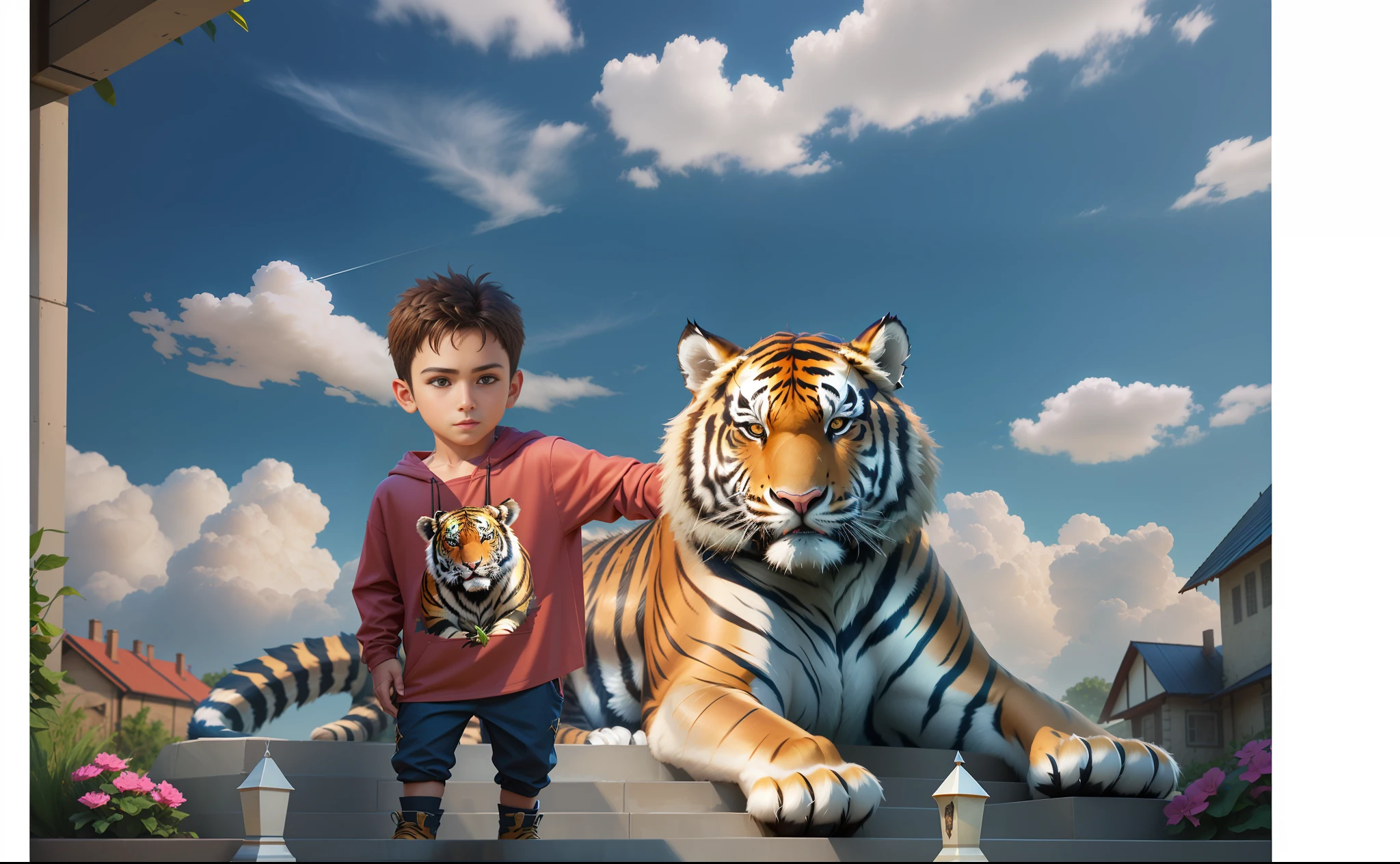 there is a young armored knight, standing next to a large tiger,1boy with his friend tiger, photo manipulation, realistic picture, hyper realistic background, photomanipulation, ((tiger)), photorealistic!!!!!!! art style, photo 3d, photo 3 d, made in maya and photoshop, tigers, photoshopped, reyyan, tiger_beast