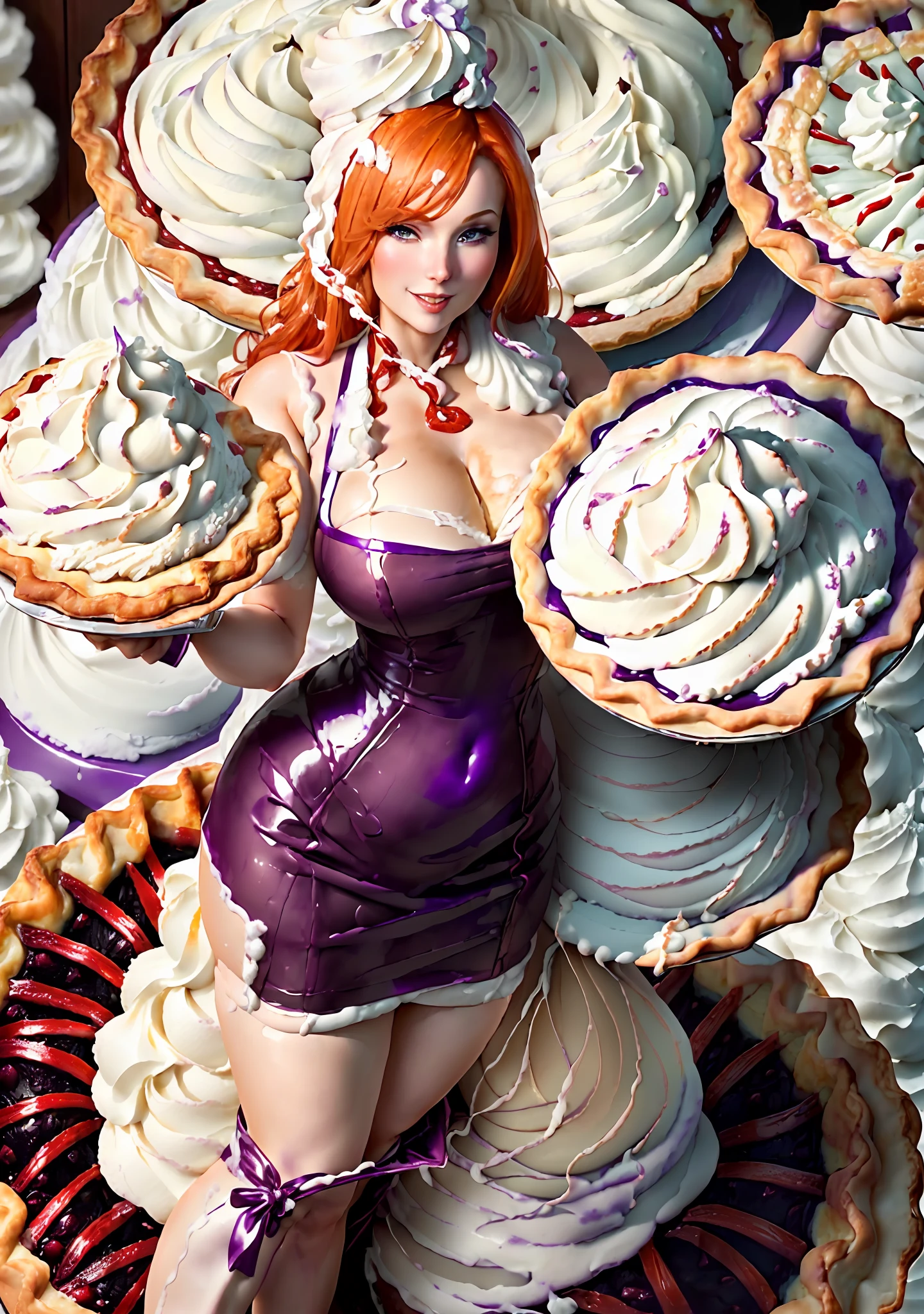 "In a restaurant, an incredibly mean, slender and dominating ginger woman wearing a purple vinyl baker outfit and heels stands confidently (holding seductively in each hand a large pie covered with whipped cream:1.7) with a superior, belittling expression and a confident grin."