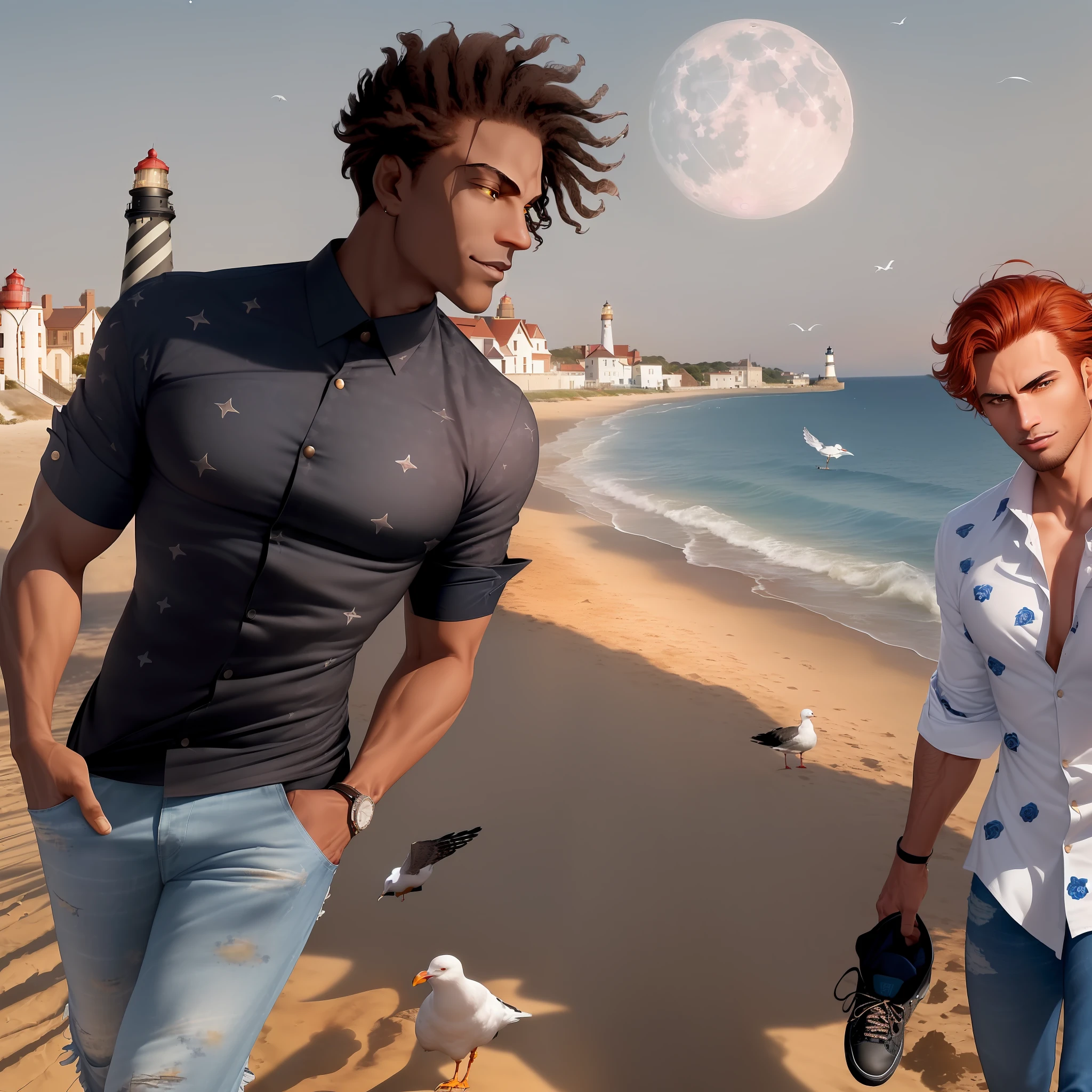 (dramatic illumination, dynamic angle), (two men walk on the beach:1.3) ((a black male teen with (short) black afro and brown eyes, wearing a (black, rose patterned dress shirt:1.2), black jeans, and black converse sneakers:1.2)), ((a white male teen with auburn hair and blue eyes, wearing blue ripped jeans and red shirt:1.2)), (walking along the beach1.3), (dawn, a large moon and stars fill the sky:1.3), ((a lighthouse in the background:1.3)), (seagulls soar in the air:1.3),  (leaving footprints in the sand:1.4), (contented smiles:1.3)