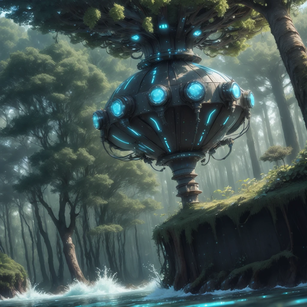 water style sp4c3sh1p, orbiting, floating, forest, cinematic gravity