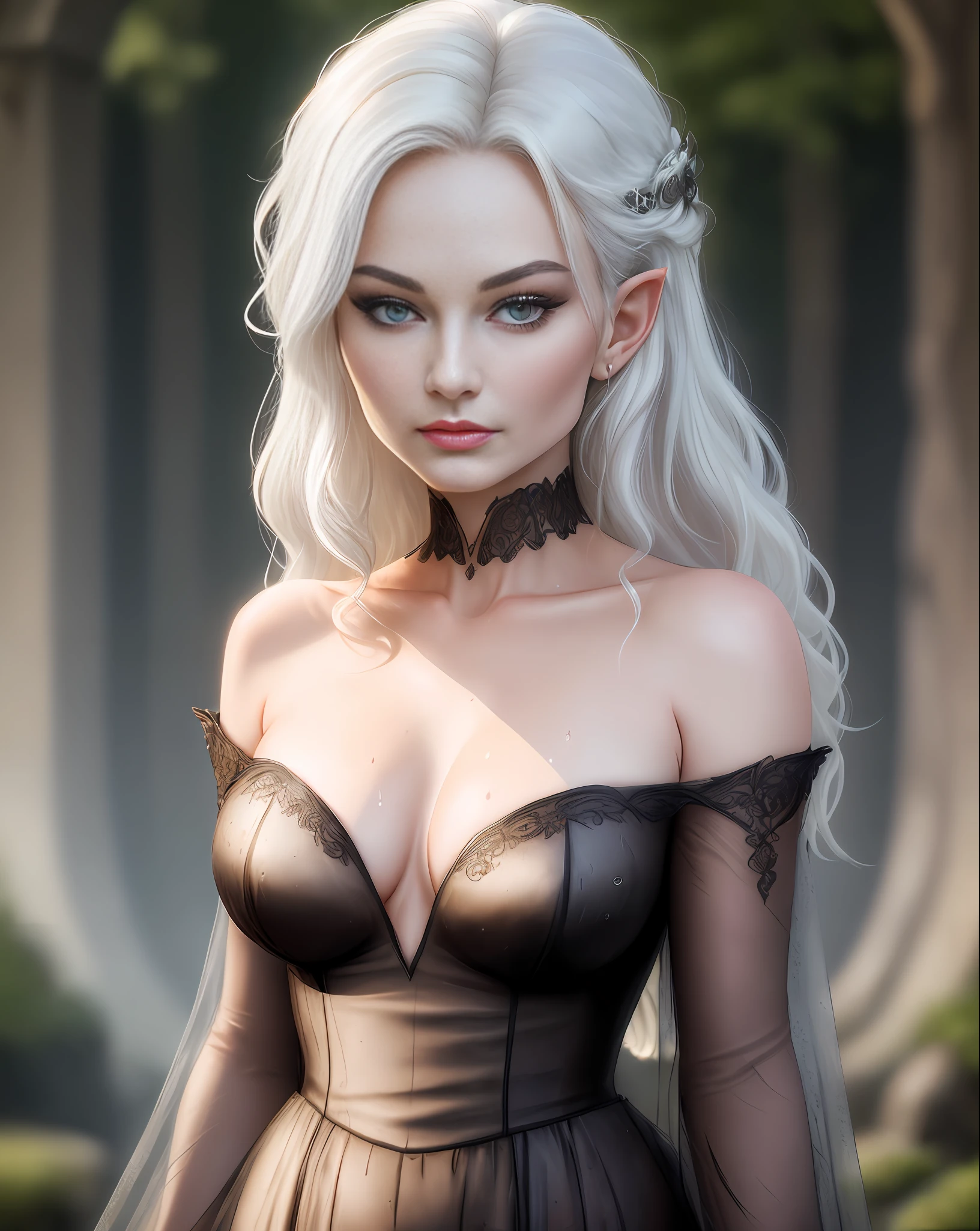 MARGOT ROBBIE Bow, mix4, (8k, RAW photo, top quality, masterpiece: 1.2), (realistic, photorealistic: 1.37), wet body, wet hair, wet face, wet clothing, beautiful, woods, night, rain, wet, professional lighting, photon mapping, strapless, strapless photo, radiosity, tulle fabric, neckline, physics-based rendering, curly short, beautiful, elf, high quality photo, high resolution, 1080p,  (light face), (detailed facial description), (detailed description of the hand), (masterpiece), (elaborate CG), extreme light and shadow, shaggy white hair, masterpiece, rich details, (fine facial features), (highest quality photo), (masterpiece), (detailed eye), look in front of your eyes, thin collarbone, kissing face