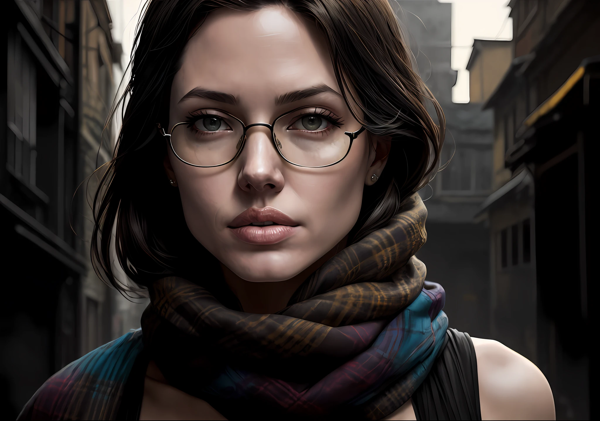 Angelina Jolie Dark photo: With her body covered, sitting next to an old house, realistic epic, halo portrait, sunglasses, blue eyes, plaid scarf, white hair by Atey Ghailan, by Greg Rutkowski, by Greg Tocchini, by James Gilleard, by Joe Fenton, by Kaethe Butcher, yellow gradient, black, brown and magenta color scheme, grunge aesthetics!!! Graffiti brand wall background, art by Greg Rutkowski and Artgerm, soft cinematic light, Adobe Lightroom, Photo Lab, HDR, intricate, highly detailed, (depth of field: 1.4), faded, (neutral colors: 1.2), (HDR: 1.4), (soft colors:1.2), hyperdetailed, (Artstation:1.4), cinematic, warm lights, dramatic light, (intricate details:1.1), complex background, (Rutkowski:0.66), (blue and orange:0.4)