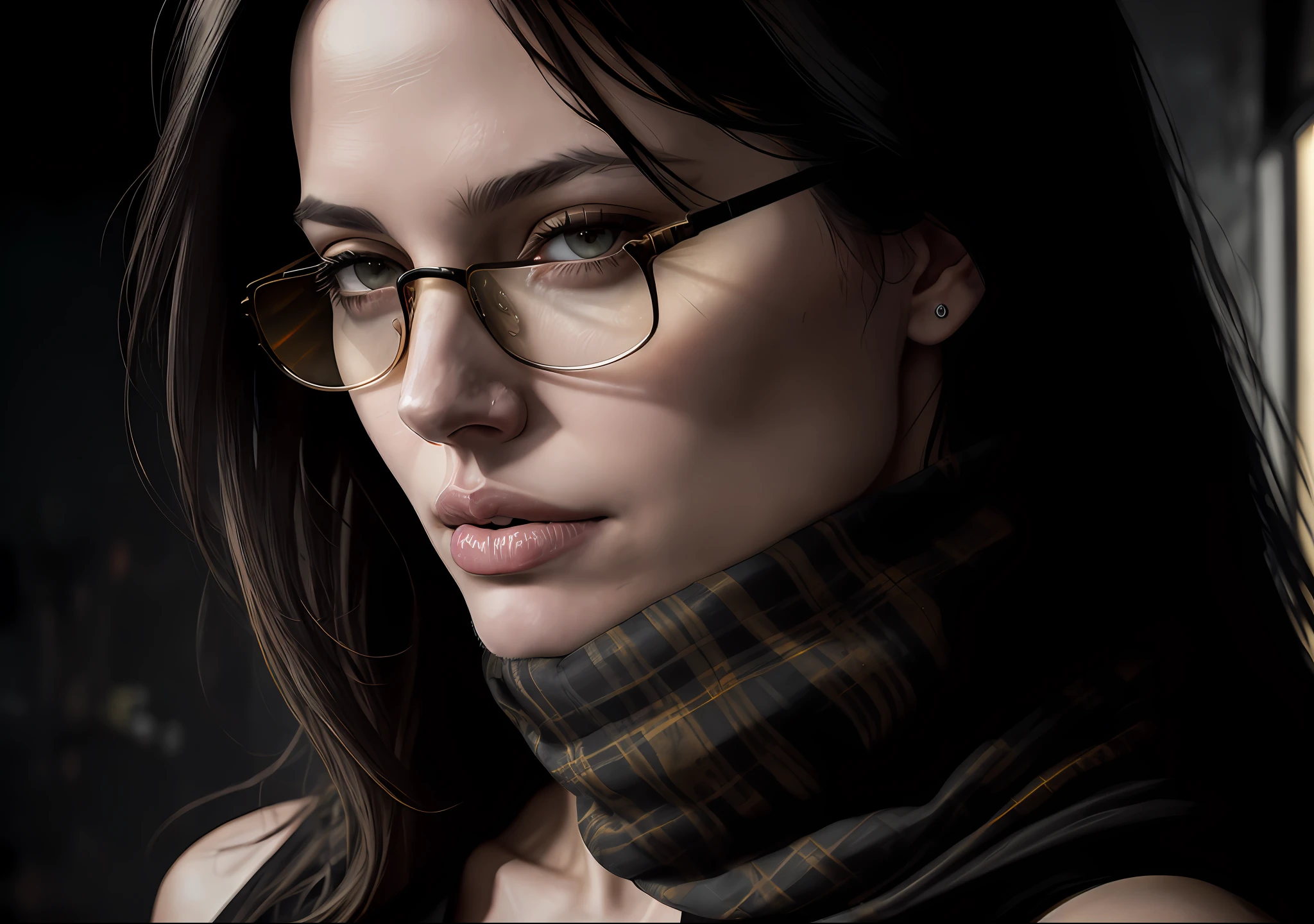 Angelina Jolie Dark photo: With her body covered, sitting next to an old house, realistic epic, halo portrait, sunglasses, blue eyes, plaid scarf, white hair by Atey Ghailan, by Greg Rutkowski, by Greg Tocchini, by James Gilleard, by Joe Fenton, by Kaethe Butcher, yellow gradient, black, brown and magenta color scheme, grunge aesthetics!!! Graffiti brand wall background, art by Greg Rutkowski and Artgerm, soft cinematic light, Adobe Lightroom, Photo Lab, HDR, intricate, highly detailed, (depth of field: 1.4), faded, (neutral colors: 1.2), (HDR: 1.4), (soft colors:1.2), hyperdetailed, (Artstation:1.4), cinematic, warm lights, dramatic light, (intricate details:1.1), complex background, (Rutkowski:0.66), (blue and orange:0.4)