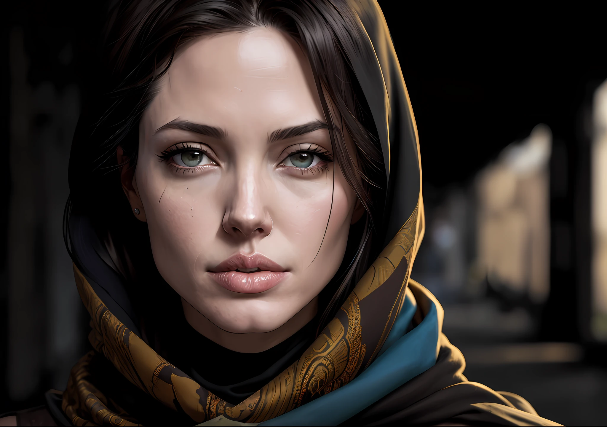 Angelina Jolie Dark photo: With her body covered, sitting next to an old house, realistic epic, halo portrait, sunglasses, blue eyes, plaid scarf, white hair by Atey Ghailan, by Greg Rutkowski, by Greg Tocchini, by James Gilleard, by Joe Fenton, by Kaethe Butcher, yellow gradient, black, brown and magenta color scheme, grunge aesthetics!!! Graffiti brand wall background, art by Greg Rutkowski and Artgerm, soft cinematic light, Adobe Lightroom, Photo Lab, HDR, intricate, highly detailed, (depth of field: 1.4), faded, (neutral colors: 1.2), (HDR: 1.4), (soft colors:1.2), hyperdetailed, (Artstation:1.4), cinematic, warm lights, dramatic light, (intricate details:1.1), complex background, (Rutkowski:0.66), (blue and orange:0.4)