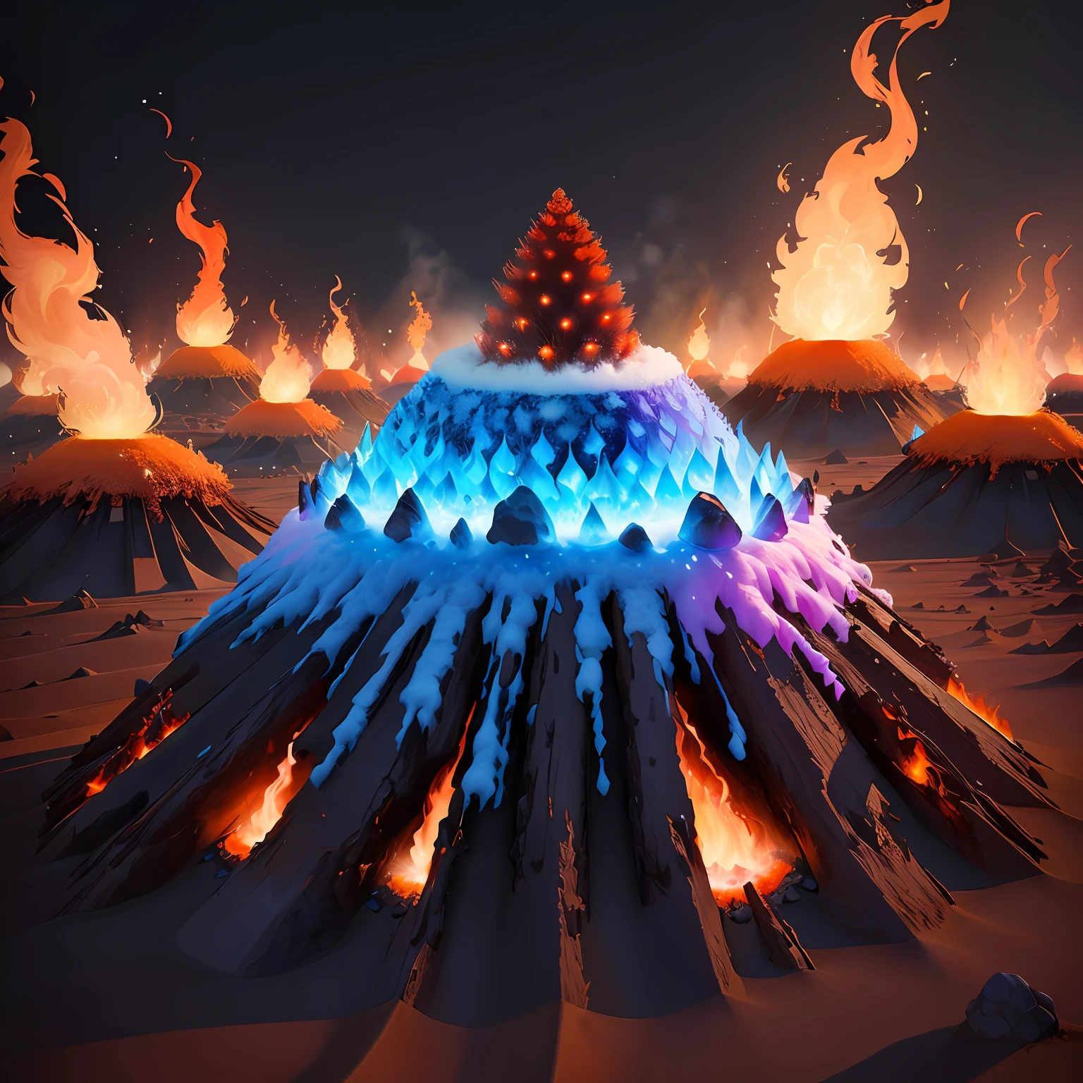 round anthill with fire and ice