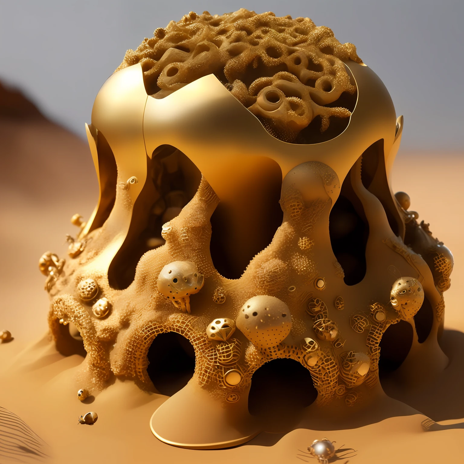 Futuristic ANTHILL, ANT HABITAT made of gold sand