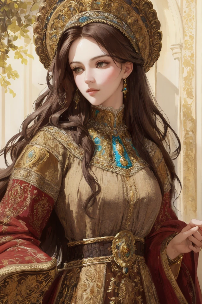 masterpiece: 1.2, best quality), realistic, (real image, intricate details, depth of field), Portrait of a beautiful woman, Russian headdress, intricate, ultra detailed, pre-Raphaelite, oil painting, brushstrokes, autumn colors, fantasy art