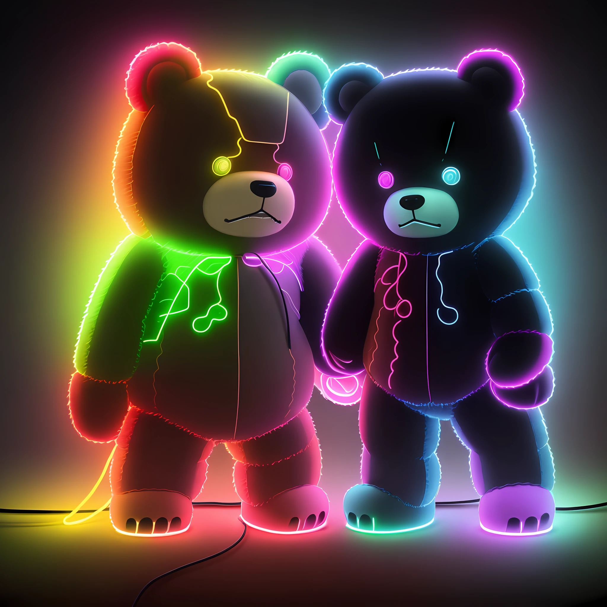 rainbow teddy bear, full body, with cord, neon color bleed, neon outline, gummy bear, , moon bear samurai, teddy bear, neon glitch, half robot half bear, angry bear, neon edges on the lower body, black neon lights