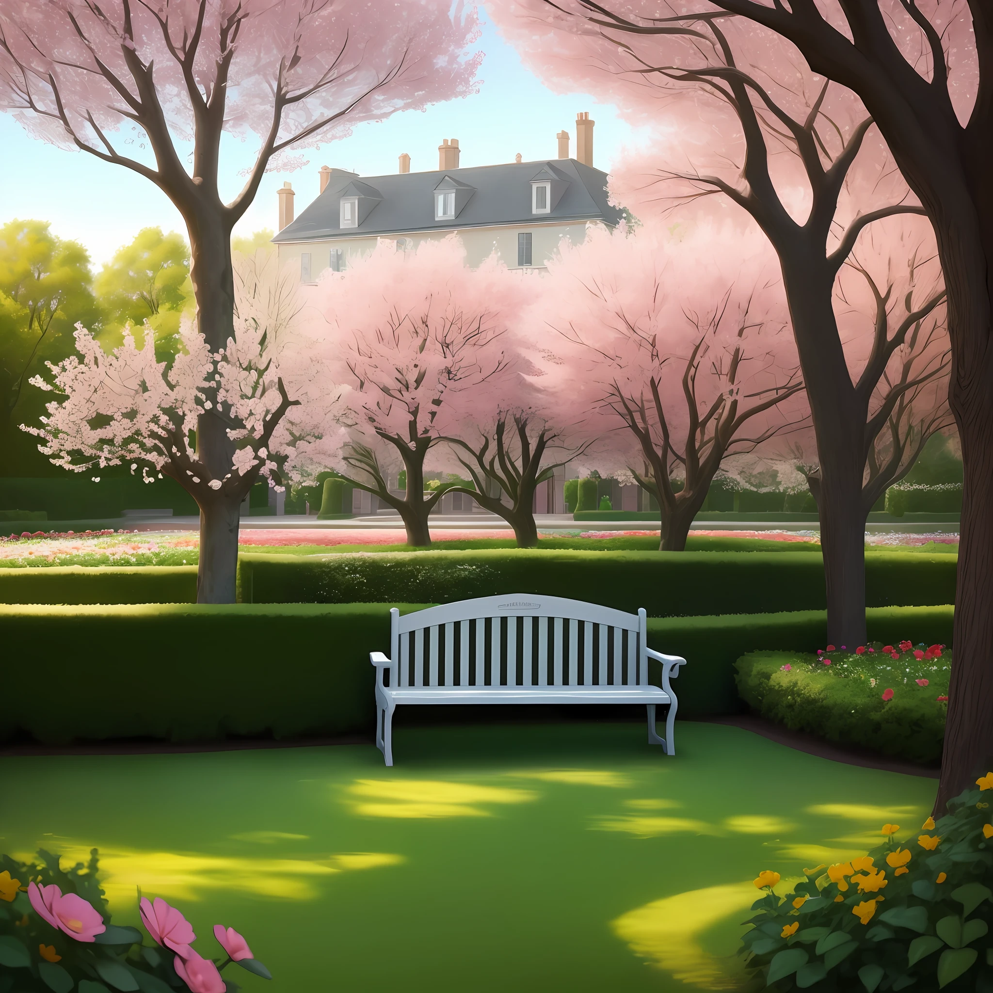 a romantic and charming setting, such as a flowered garden with a bench under a tree