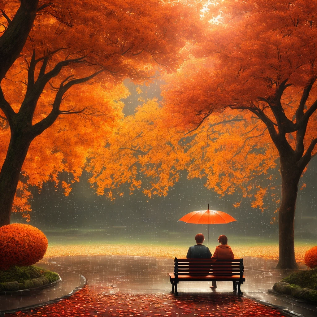 (extremely detailed CG unity 8k wallpaper, masterpiece, best quality, ultra-detailed), (best illumination, best shadow), an extremely delicate and beautiful, (1 couple sitting on a park bench, sharing an umbrella, rainy day), (surrounded by autumn leaves in vibrant shades of red and orange), floating, rain drops.