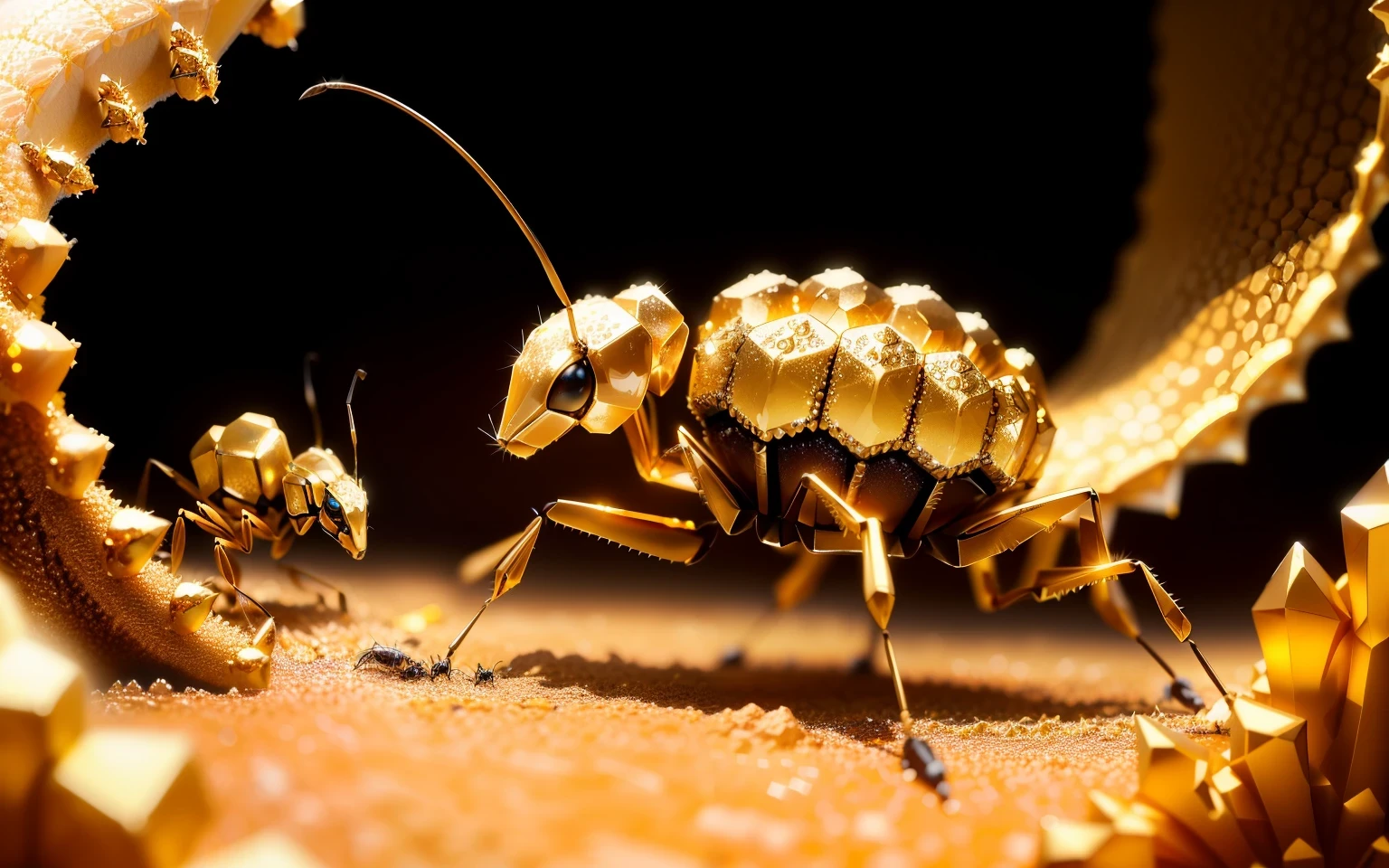 large gold ants on an anthill made of diamonds, realistic style, 4K, HD