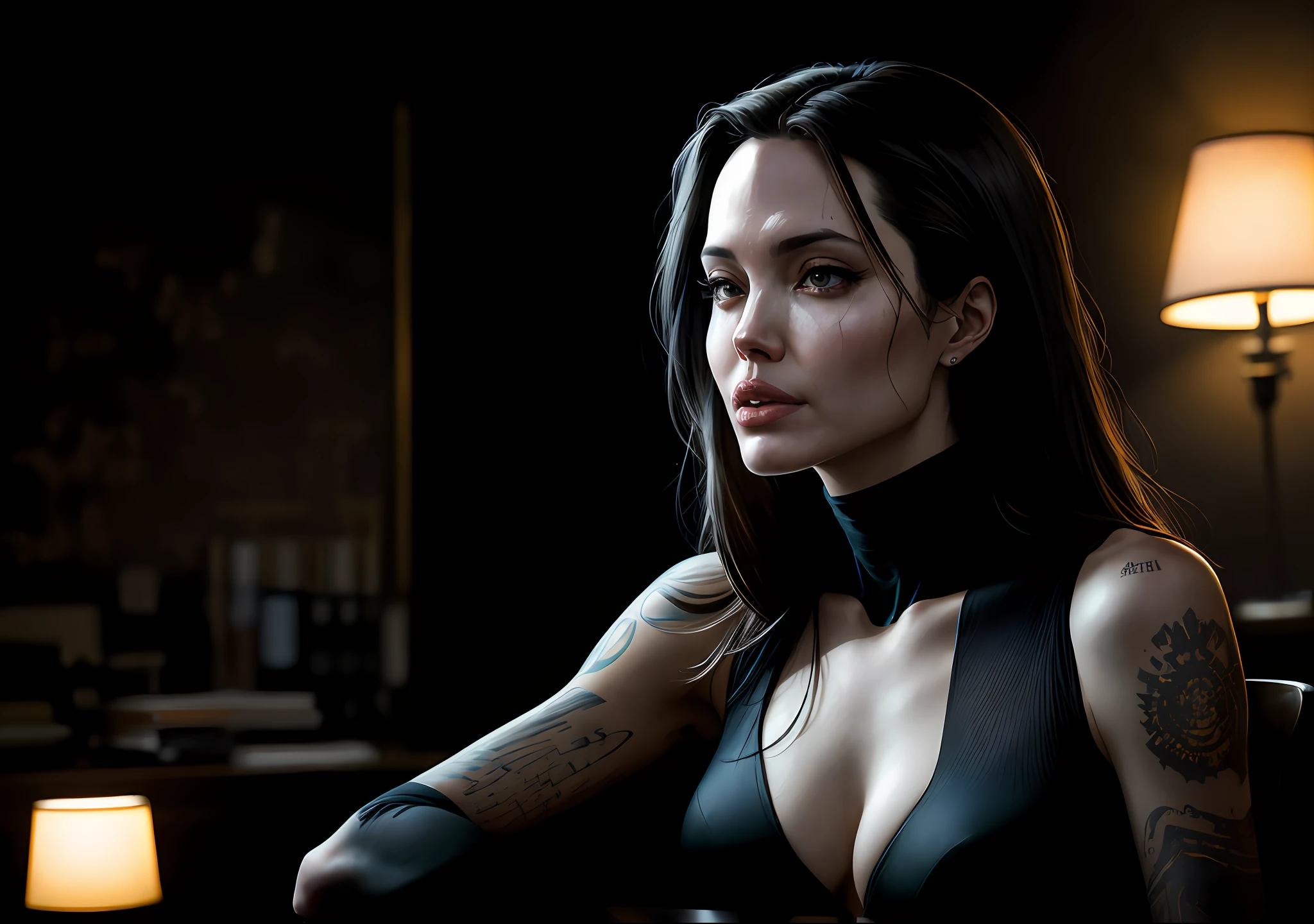 Angelina Jolie Dark photo: With her body covered, sitting in the office Old, realistic epic, halo portrait, blue eyes, white hair by Atey Ghailan, by Greg Rutkowski, by Greg Tocchini, by James Gilleard, by Joe Fenton, by Kaethe Butcher, yellow gradient, black, brown and magenta color scheme, grunge aesthetic!!! Graffiti brand wall background, art by Greg Rutkowski and Artgerm, soft cinematic light, Adobe Lightroom, Photo Lab, HDR, intricate, highly detailed, (depth of field: 1.4), faded, (neutral colors: 1.2), (HDR: 1.4), (soft colors:1.2), hyperdetailed, (Artstation:1.4), cinematic, warm lights, dramatic light, (intricate details:1.1), complex background, (Rutkowski:0.66), (blue and orange:0.4)