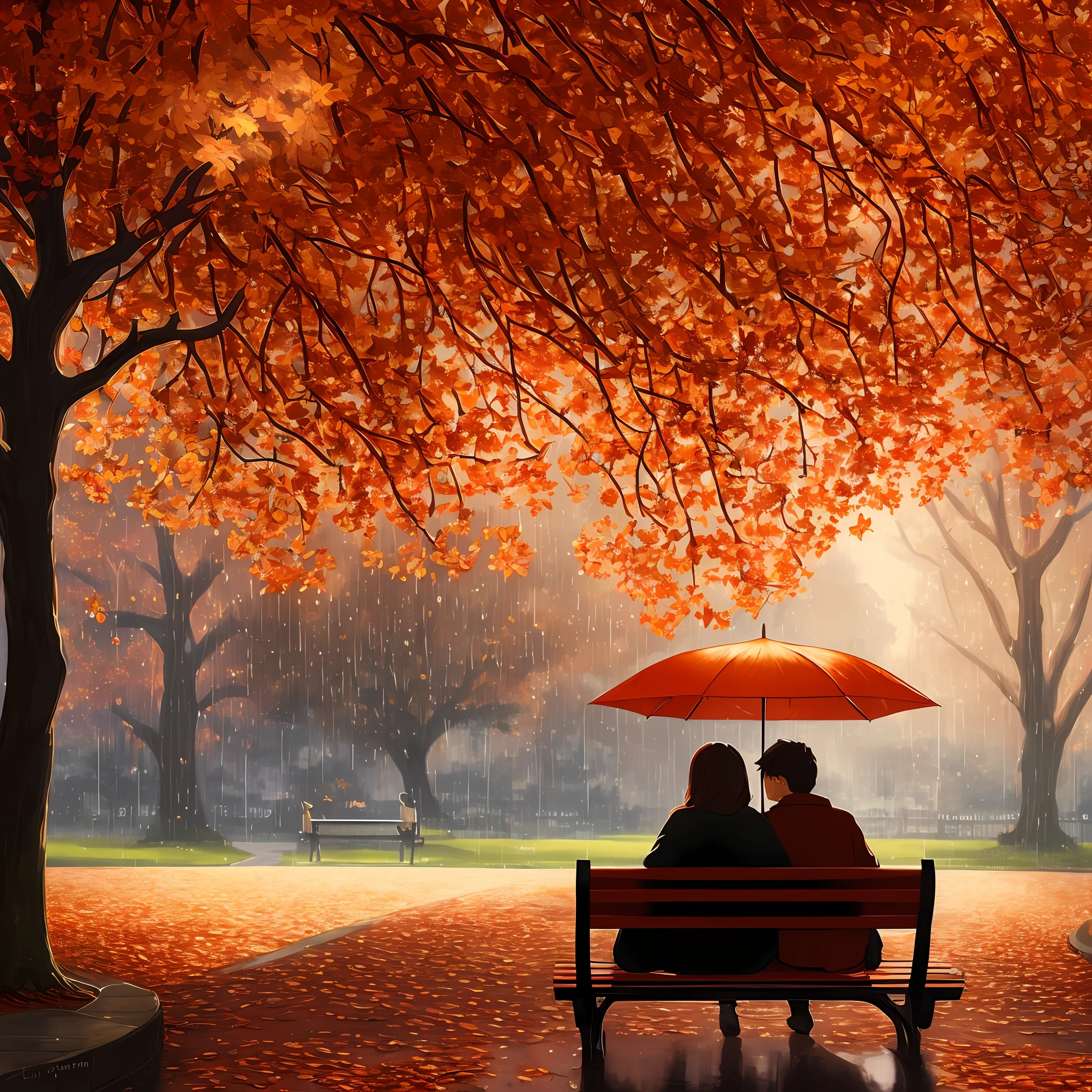Extremely detailed artwork (masterpiece), using best illumination and shadow, depicting a couple sitting on a park bench, sharing an umbrella on a rainy day. The scene is vibrant with autumn leaves in shades of red and orange, with a soft and delicate overall style.