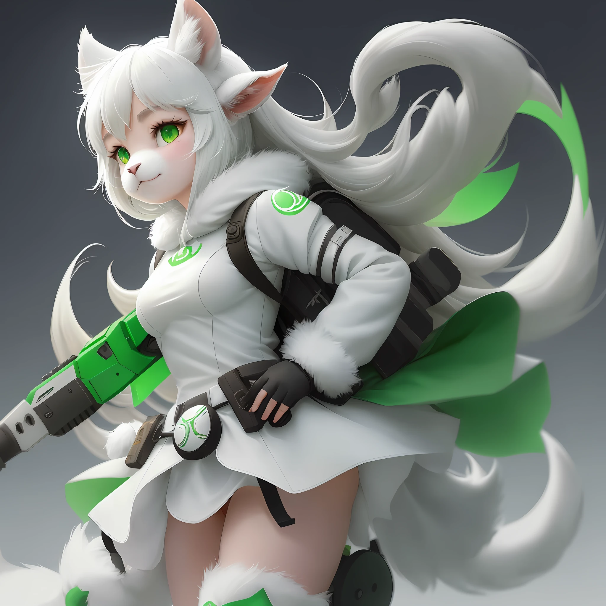 furry girl with a goat ears and goat eyes, white goat furry, simple artwork, furry, goat furry, arch, energy arch, cartoonish, simple design, character reference, lots of green. green weapons, solo, furry, reference, simple background, sci-fi clothing and gear, energy arch on head, energy halo above head, complex mechanism above head