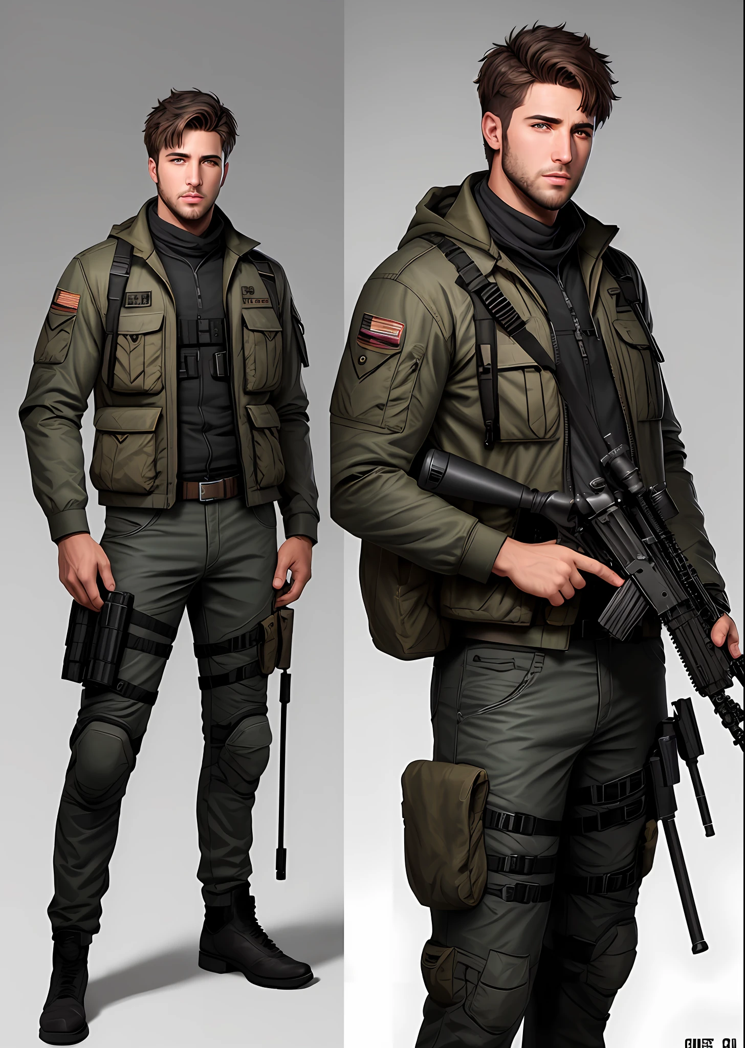 A handsome guy with short hair and messy hair. His identity is a sniper, shooting equipment, equipped with a sniper rifle, casual and uninhibited, with a sense of shooting atmosphere, game CG, original painting, 8k, (authenticity: 1.37)
