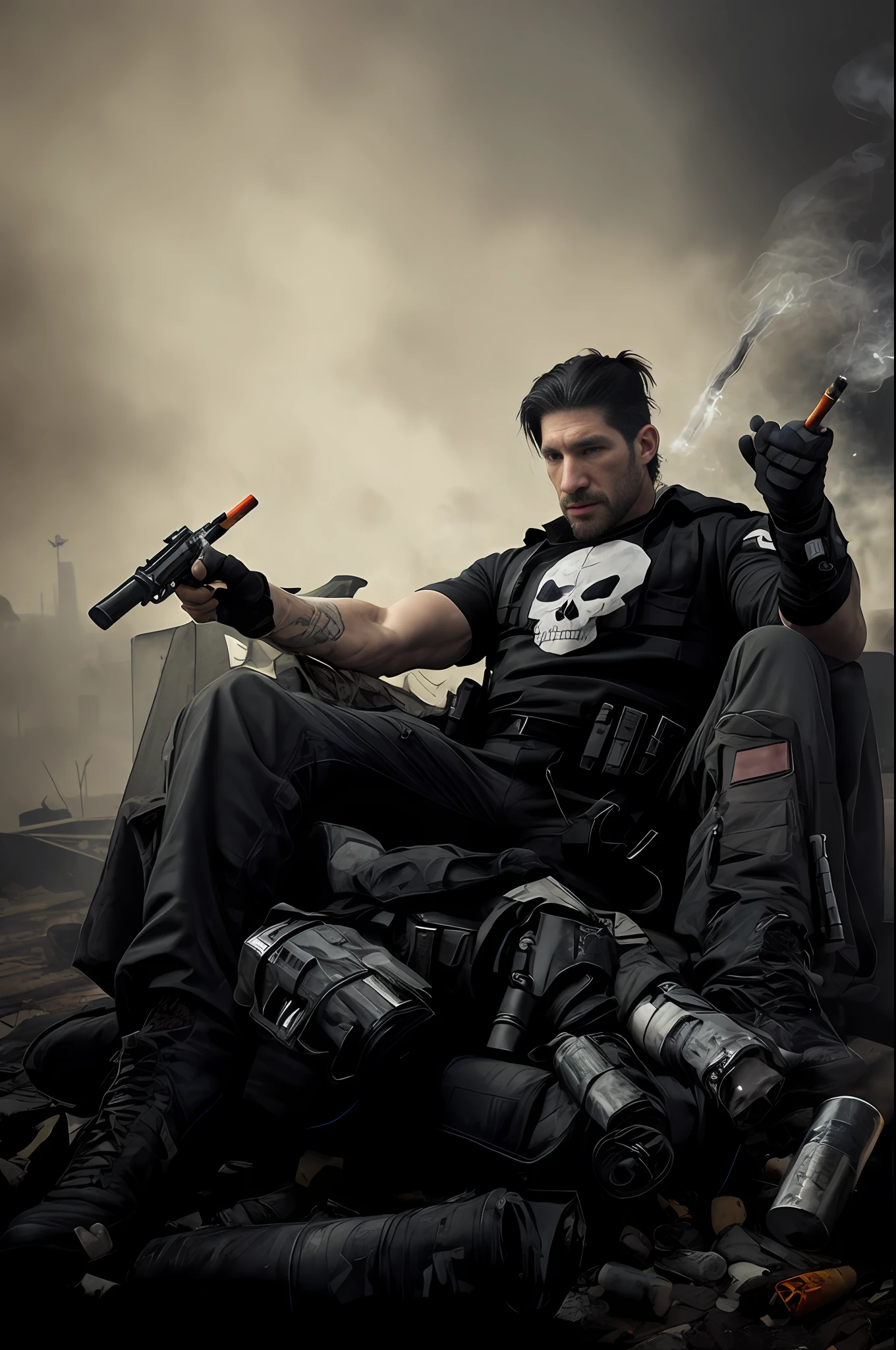 Jon Bernthal, vigilante, Marvel, military suit, skull on shirt, holding a pistol, smoking cigarettes, bodies on the ground.