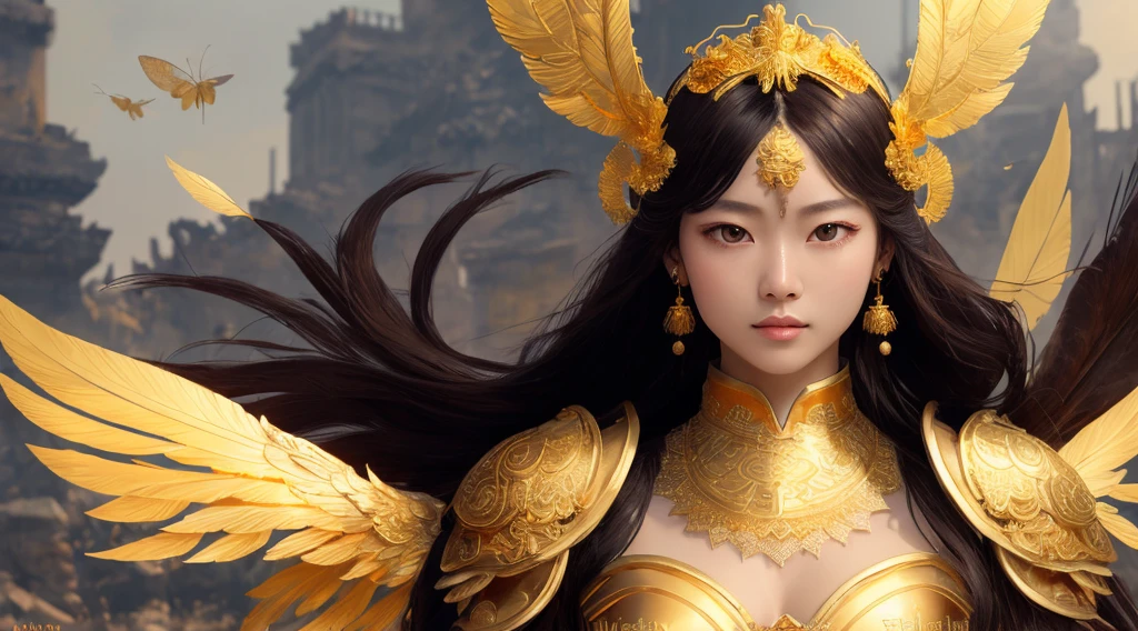 Beautiful Chinese portrait of 8k brown hair, intricate, elegant, highly detailed, majestic, digital photography, art by artgerm and ruan jia and greg rutkowski surrealist painting golden butterfly filigree, broken glass, (masterpiece, side light, delicate beautiful eyes: 1.2 ), ultra hd quality, ultra hd resolution, masterpiece, 8k, Valkyrie, 1girl, solo, real, Tyndall effect, long hair fluttering, murderous, towards the audience, Looking at the audience, wearing golden armor, (helmet covering eyes), background is a desolate city ruins, cinematic texture, cinematic lighting effects, sharpened edges, tall figure, unfolded a pair of white large wings, (((((Golden Ratio facial features)))), (symmetrical facial features), (eye ratio: 1:1), perfect arms, perfect body structure, perfect finger structure, victorious steps, (bright eyes and firm eyes), slim and slim figure, frontal shot, ( Wrap your hands around your hands), (((neat plump feathers))), ((melon face)))