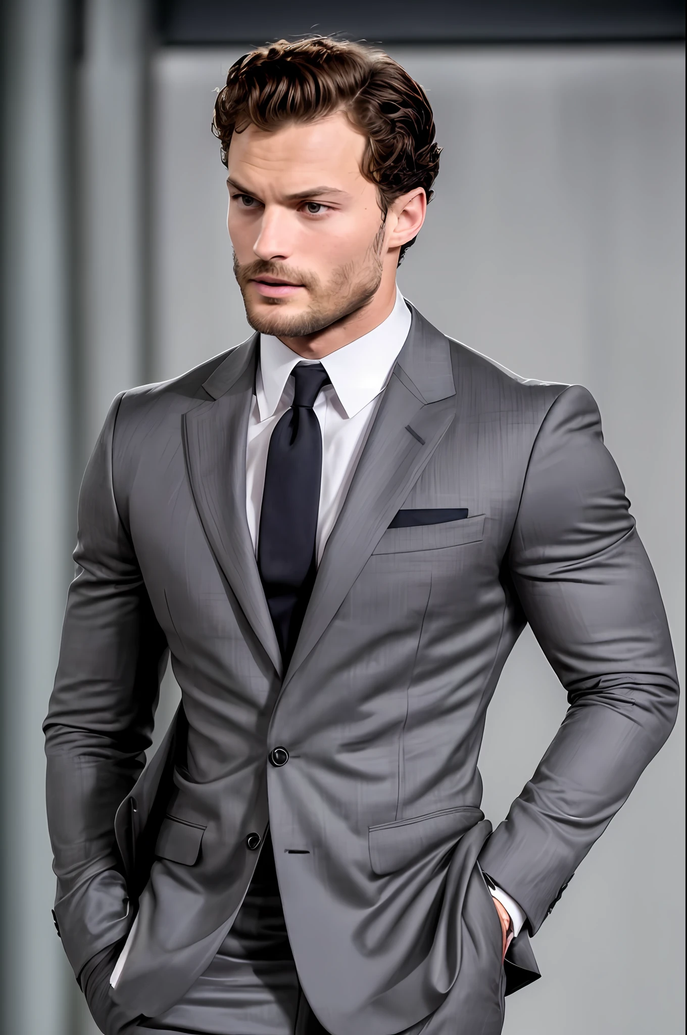 ((half body)) Photo RAW Ceo Man in Movie 007 ), wearing black suit, doing model pose, (wearing Dark Beard) movie scene, (Impeccable), tanned and curly body, Serious and elegant man, Actor Jamie Dornan, with thick male eyebrows, secret agent 007 man style, (with mysterious and serious face,) short dark hair, elegant and elegant, body fit and strong fit in suit,   Man similar to actor Jamie Dornan, ( high quality and realistic image), ((Best Quality, 8k, Masterpiece).