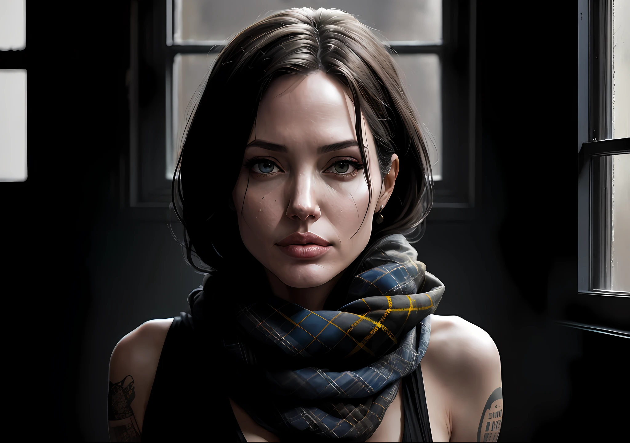 Angelina Jolie Dark photo: With her body covered, sitting in an old window, realistic epic, halo portrait, blue eyes, plaid scarf, white hair by Atey Ghailan, by Greg Rutkowski, by Greg Tocchini, by James Gilleard, by Joe Fenton, by Kaethe Butcher, yellow gradient, black, brown and magenta color scheme, grunge aesthetic!!! Graffiti brand wall background, art by Greg Rutkowski and Artgerm, soft cinematic light, Adobe Lightroom, Photo Lab, HDR, intricate, highly detailed, (depth of field: 1.4), faded, (neutral colors: 1.2), (HDR: 1.4), (soft colors:1.2), hyperdetailed, (Artstation:1.4), cinematic, warm lights, dramatic light, (intricate details:1.1), complex background, (Rutkowski:0.66), (blue and orange:0.4)