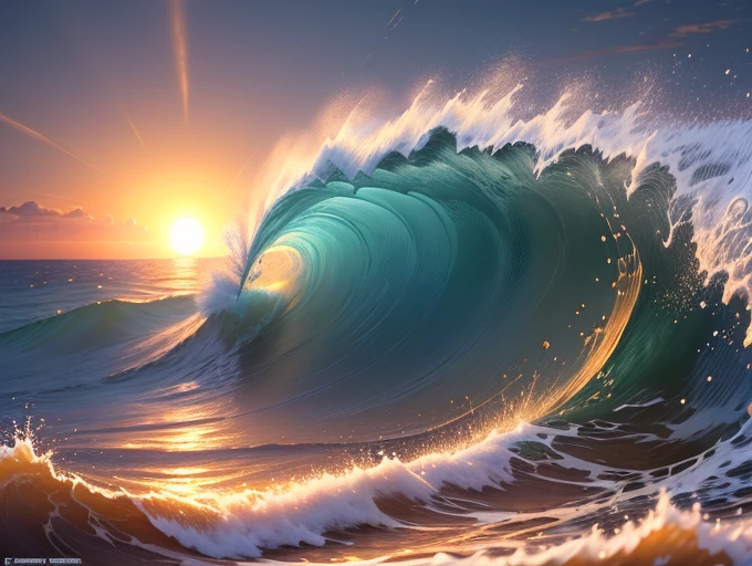 Masterpiece, best quality, (8k very detailed CG unit wallpaper) (best quality), (best illustration), (best shadows) a golden sea wave, bright orange sunset through the wave, golden droplets flying