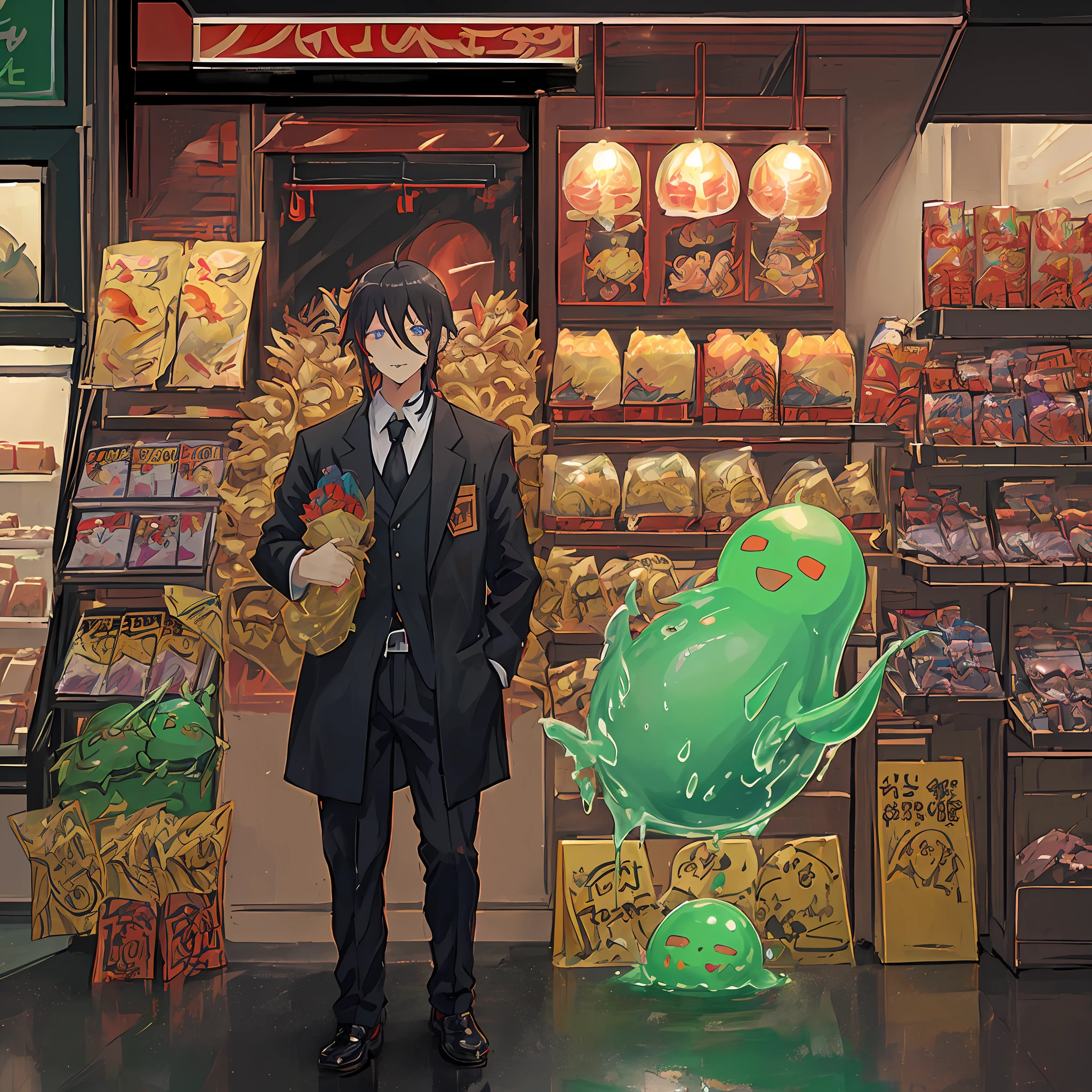 Diablo-like character from the anime Tensei shitara slime data ken, black hair, formal clothes, background with a busy street and several shops, plenty of fantastic colors)