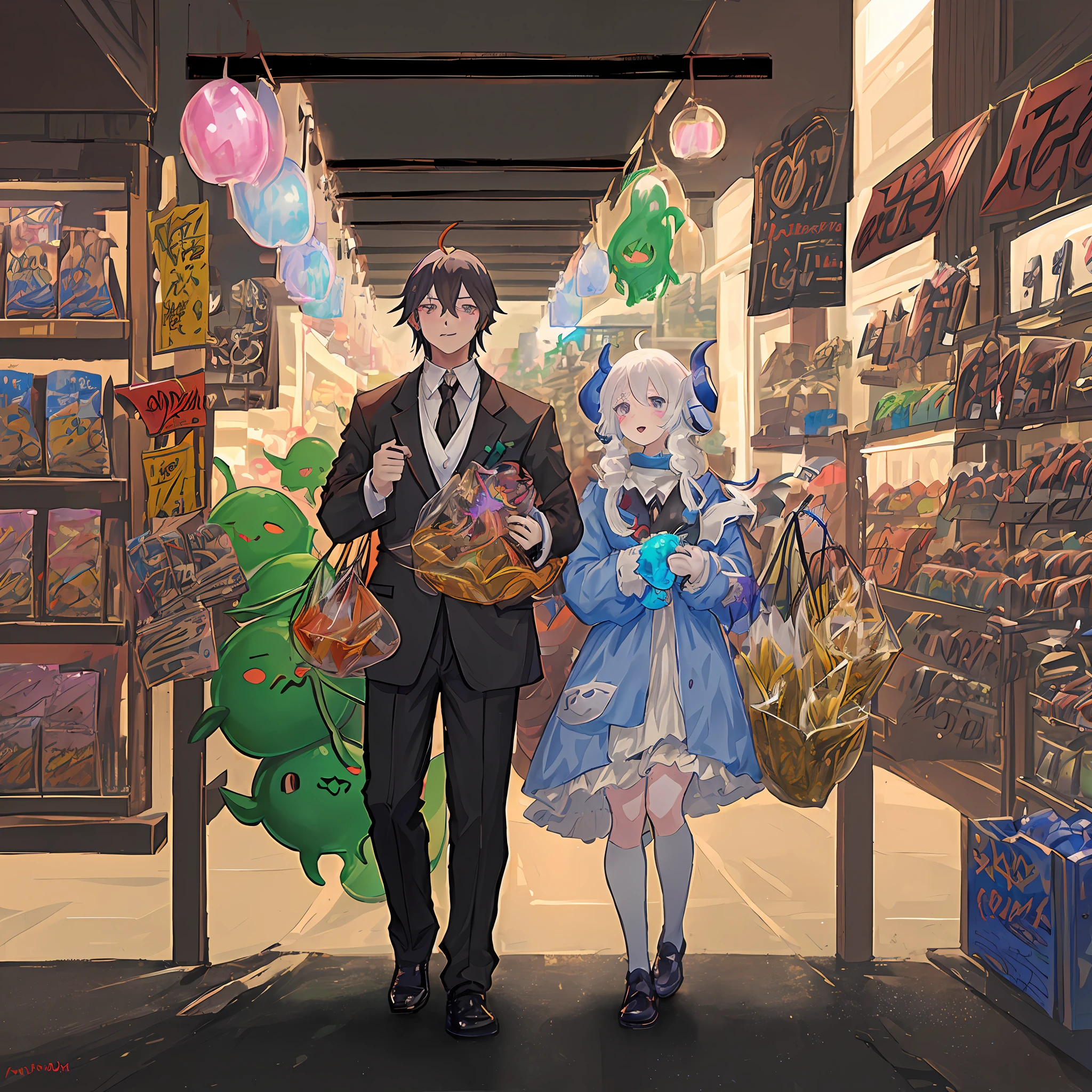 Diablo-like character from the anime Tensei shitara slime data ken, black hair, formal clothes, background with a busy street and several shops, plenty of fantastic colors)