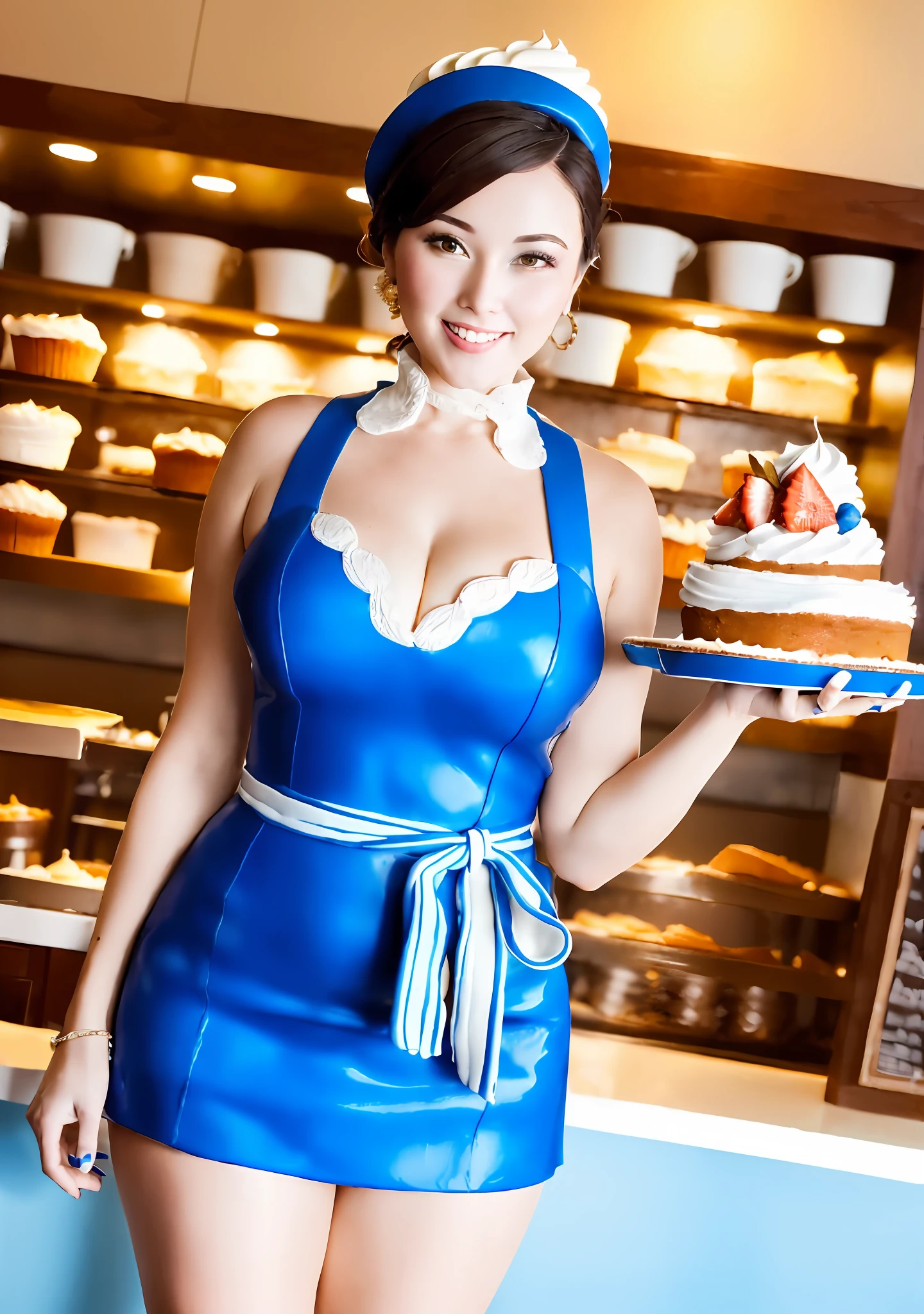 "In a restaurant with many colorful cakes on display, an incredibly mean, slender and dominating woman wearing a blue baker outfit and heels stands confidently (holding seductively in each hand a large cake covered with whipped cream:1.3) with a superior, belittling expression and a confident grin."