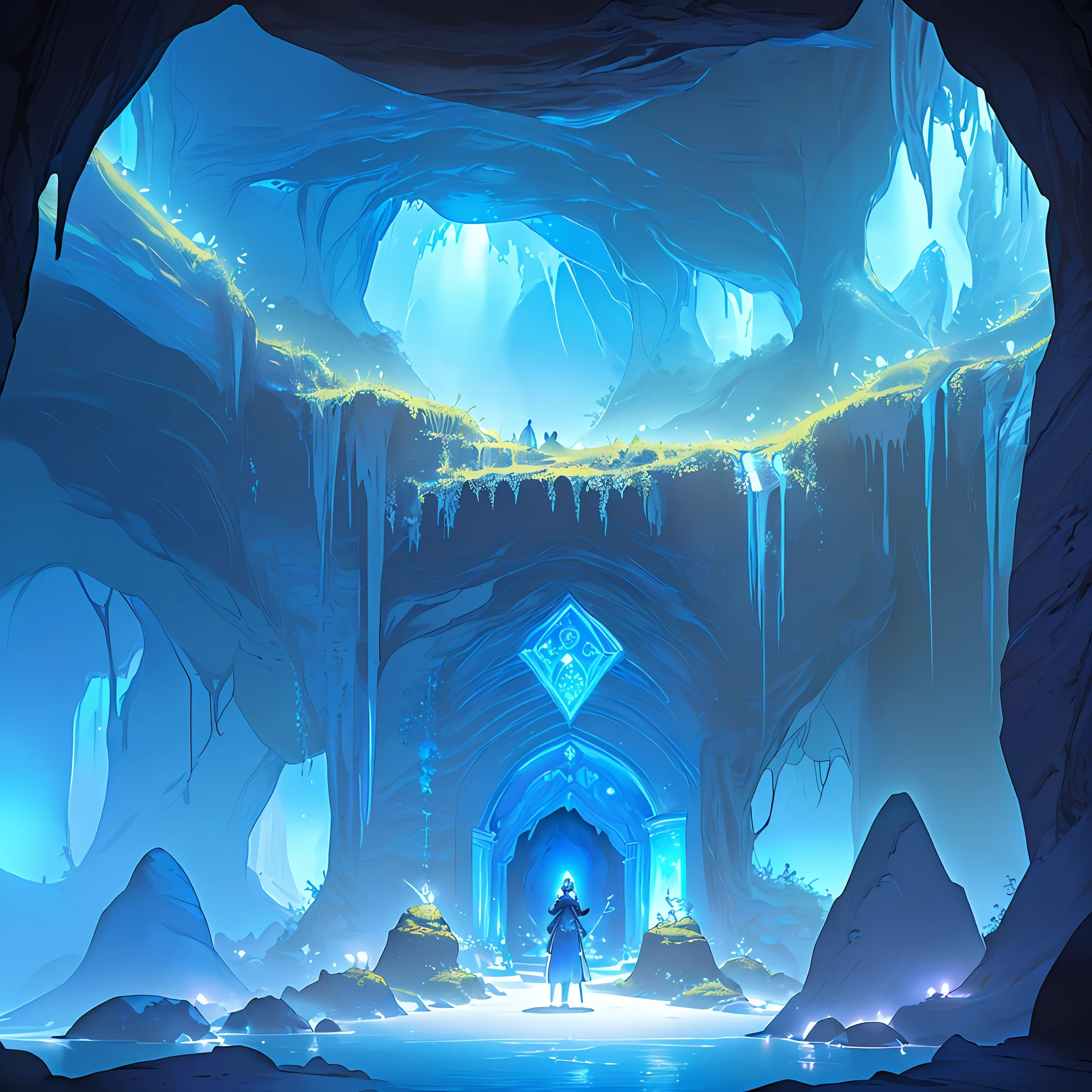 (masterpiece, ultra-detailed, best quality),(magical, mystical, mysterious, ancient, blue glowing),(writing, inscription),(cave, cavern),((many details:1.2)|(extremely detailed:0.8)), Volumetric light, high resolution.