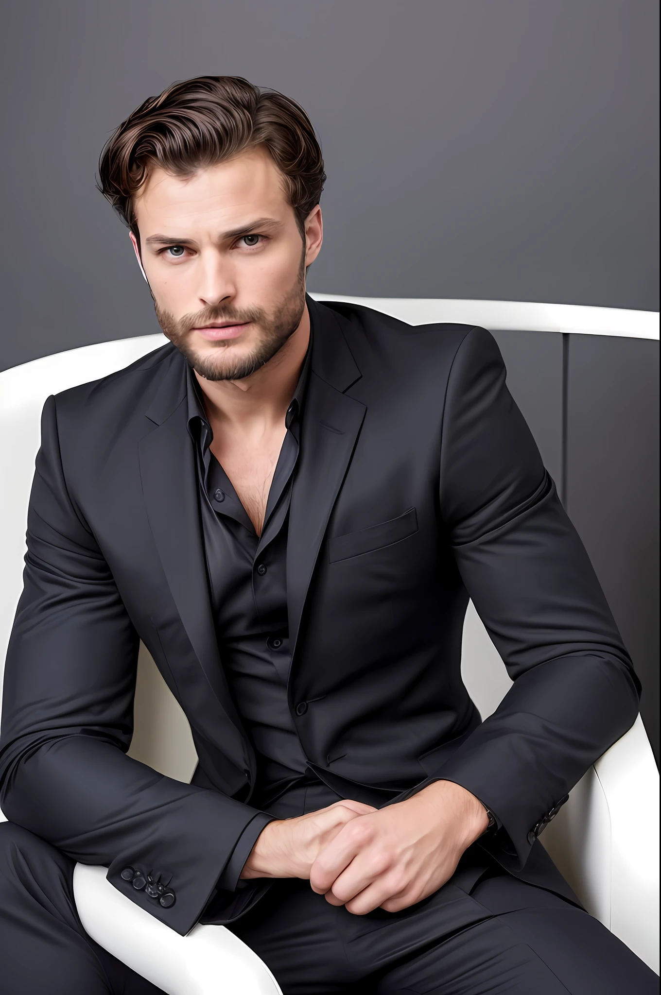 ((half body)) RAW Photo Ceo man sitting in an office chair, wearing black suit, (Using dark and attractive beard) movie scene, (Impeccable) ,Serious and elegant man, Actor Jamie Dornan, with thick male eyebrows, secret agent 007 man style, (with mysterious and serious face,) short dark hair, dark black background image,elegant and elegant, Man similar to actor Jamie Dornan, ( high quality and realistic image), ((Best Quality, 8k, Masterpiece).