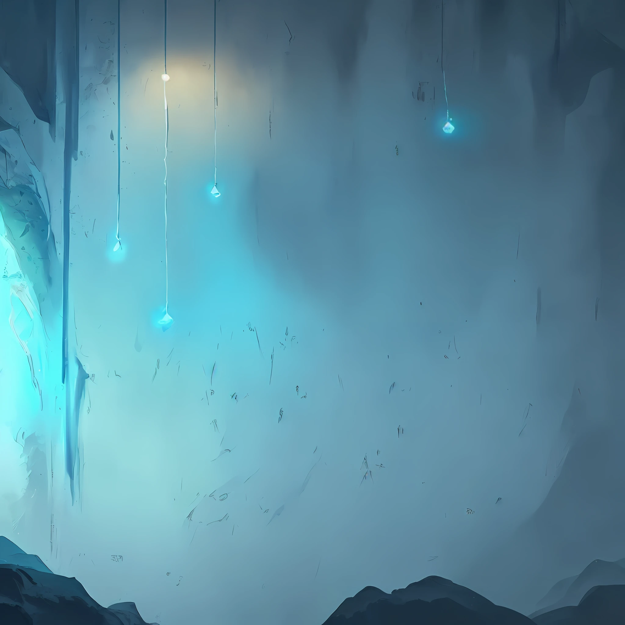 Letters of a magic written on the wall of a cave, with lighting in cyan color, many details,