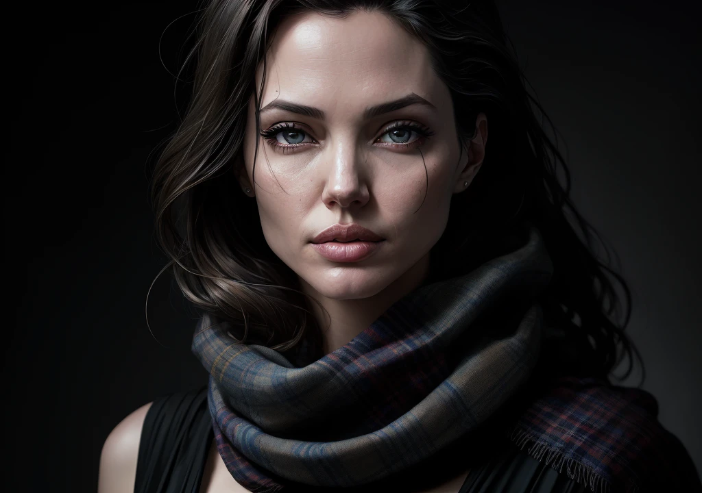 Angelina Jolie Dark photo: With body covered, driving old car, realistic epic, halo portrait, blue eyes, plaid scarf, white hair by Atey Ghailan, by Greg Rutkowski, by Greg Tocchini, by James Gilleard, by Joe Fenton, by Kaethe Butcher, yellow gradient, black, brown and magenta color scheme, grunge aesthetic!!! Graffiti brand wall background, art by Greg Rutkowski and Artgerm, soft cinematic light, Adobe Lightroom, Photo Lab, HDR, intricate, highly detailed, (depth of field: 1.4), faded, (neutral colors: 1.2), (HDR: 1.4), (soft colors:1.2), hyperdetailed, (Artstation:1.4), cinematic, warm lights, dramatic light, (intricate details:1.1), complex background, (Rutkowski:0.66), (blue and orange:0.4)