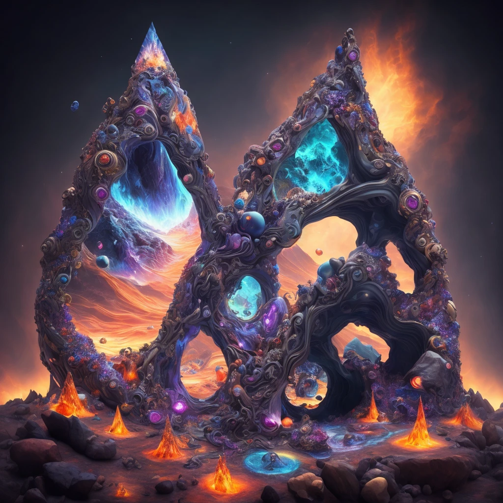 (((Masterpiece))), High quality, unique and creative, ultra-detailed, vibrant and colorful, an amazing creation from the depths of imagination,
focusing on a beautiful gemstones triangle with liquid lava spouting from its hollows,
incorporating dynamic angles, fluid movements, and a sense of wonder,
enhancing the beauty of the scene with volumetric light and a surreal atmosphere.