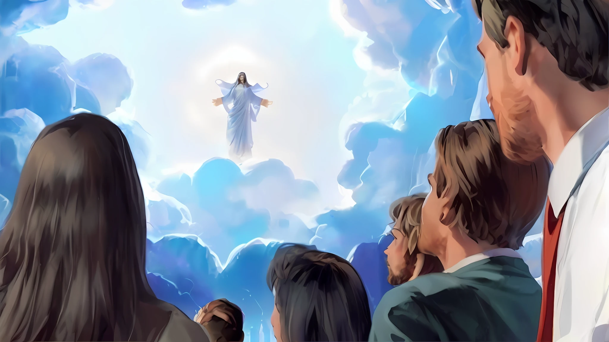 jesus second coming (extremely detailed CG unity 8k wallpaper,masterpiece, best quality, ultra-detailed),(best illumination, best shadow, an extremely delicate and beautiful),white-blue color scheme, [(dynamic angle,((1image)),dramatic lighting,darkness, (Jesus),white shroud, holy radiance): : 1.0]