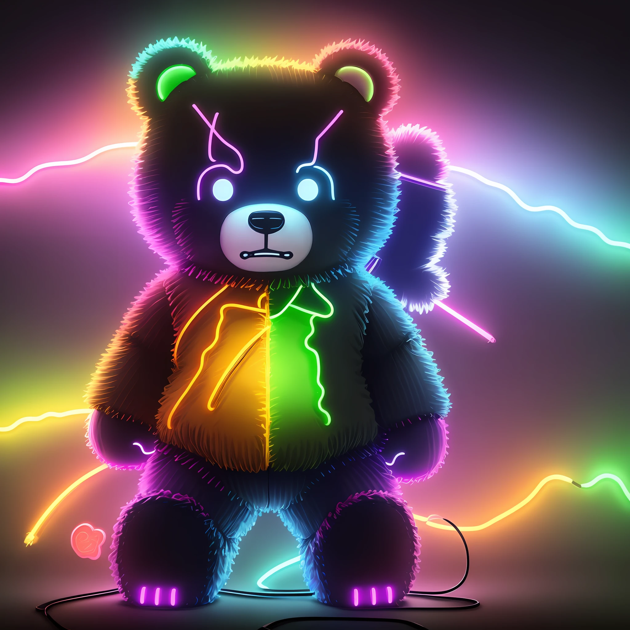 rainbow teddy bear, full body, with cord, neon color bleed, neon outline, gummy bear, , moon bear samurai, teddy bear, neon glitch, half robot half bear, angry bear, neon edges on the lower body, black neon lights
