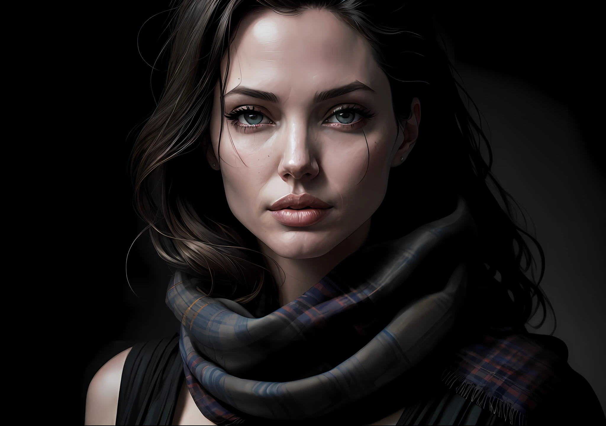 Angelina Jolie Dark photo: With body covered, driving old car, realistic epic, halo portrait, blue eyes, plaid scarf, white hair by Atey Ghailan, by Greg Rutkowski, by Greg Tocchini, by James Gilleard, by Joe Fenton, by Kaethe Butcher, yellow gradient, black, brown and magenta color scheme, grunge aesthetic!!! Graffiti brand wall background, art by Greg Rutkowski and Artgerm, soft cinematic light, Adobe Lightroom, Photo Lab, HDR, intricate, highly detailed, (depth of field: 1.4), faded, (neutral colors: 1.2), (HDR: 1.4), (soft colors:1.2), hyperdetailed, (Artstation:1.4), cinematic, warm lights, dramatic light, (intricate details:1.1), complex background, (Rutkowski:0.66), (blue and orange:0.4)