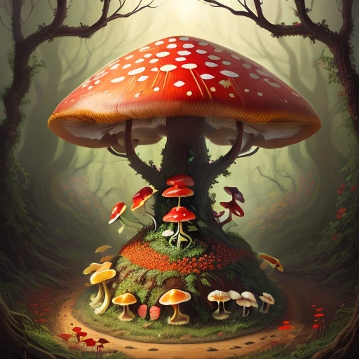Ant nest made of branches and soil with red flowers, mushrooms and a snail fantasy style