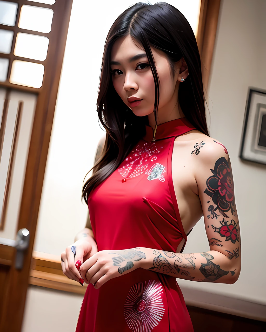 Create an oriental model wearing transparent red dress and with some tattoos