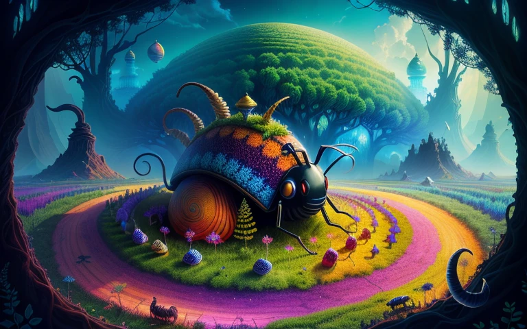 a psychedelic ant hill housing a snail with long very long horns, fantasy, hd, HDR 4k