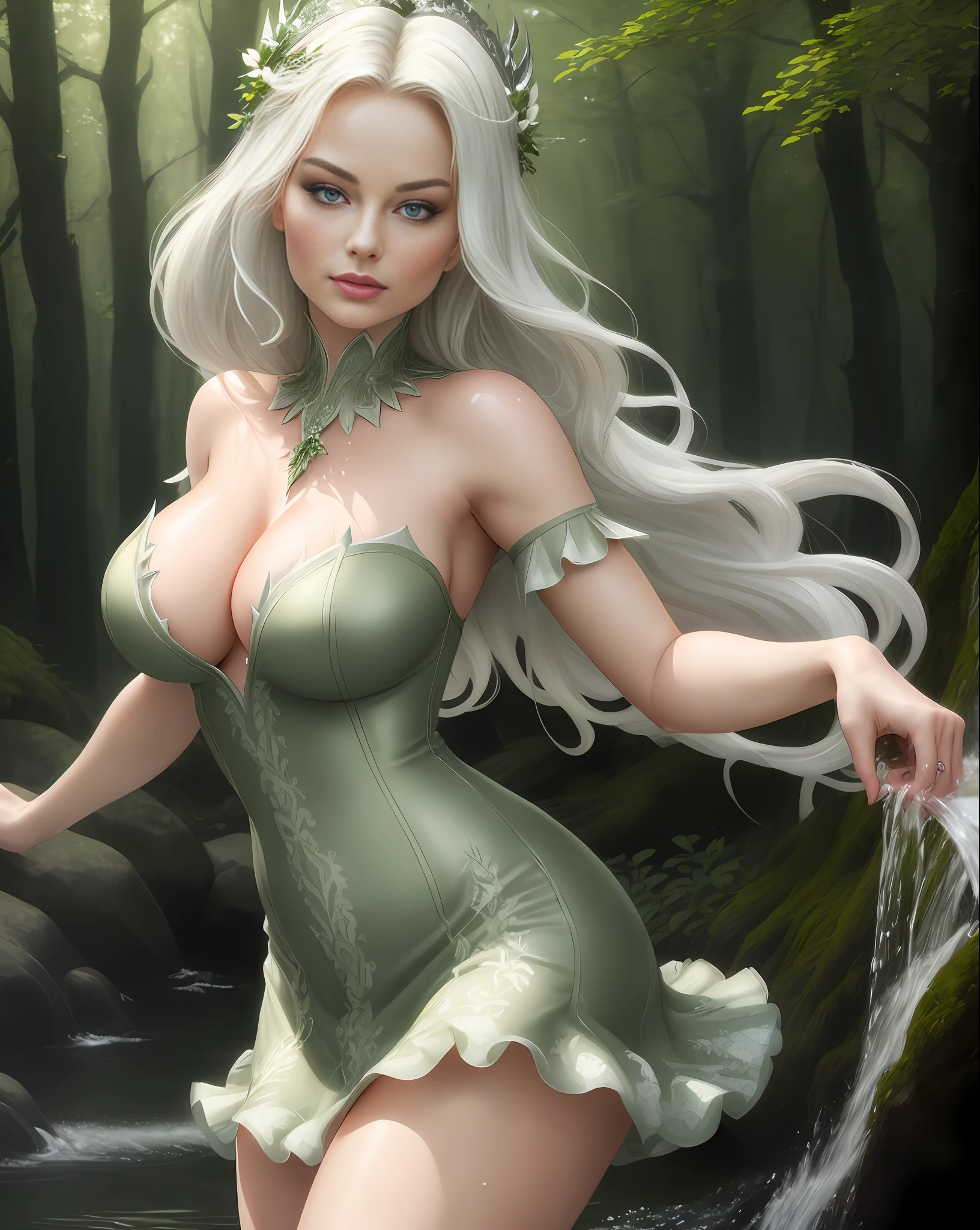 MARGOT ROBBIE, huge breasts (8k, RAW photo, top quality, masterpiece: 1.2), (realistic, photorealistic: 1.37), wet body, thick legs, wet hair, wet face, wet clothing, beautiful, woods, night, rain, wet, professional lighting, photon mapping, strapless, strapless photo, radiosity, tulle fabric, neckline, twig crown, green leaf dress, physics-based rendering, beautiful, elf, high quality photo, high resolution, 1080p, (clear face), (detailed facial description), (detailed hand description), (masterpiece), (elaborate CG), extreme light and shadow, short straight white hair, masterpiece, rich details, (fine facial features), (highest quality photo), (masterpiece), (detailed eye), look in front of your eyes, kissing face
