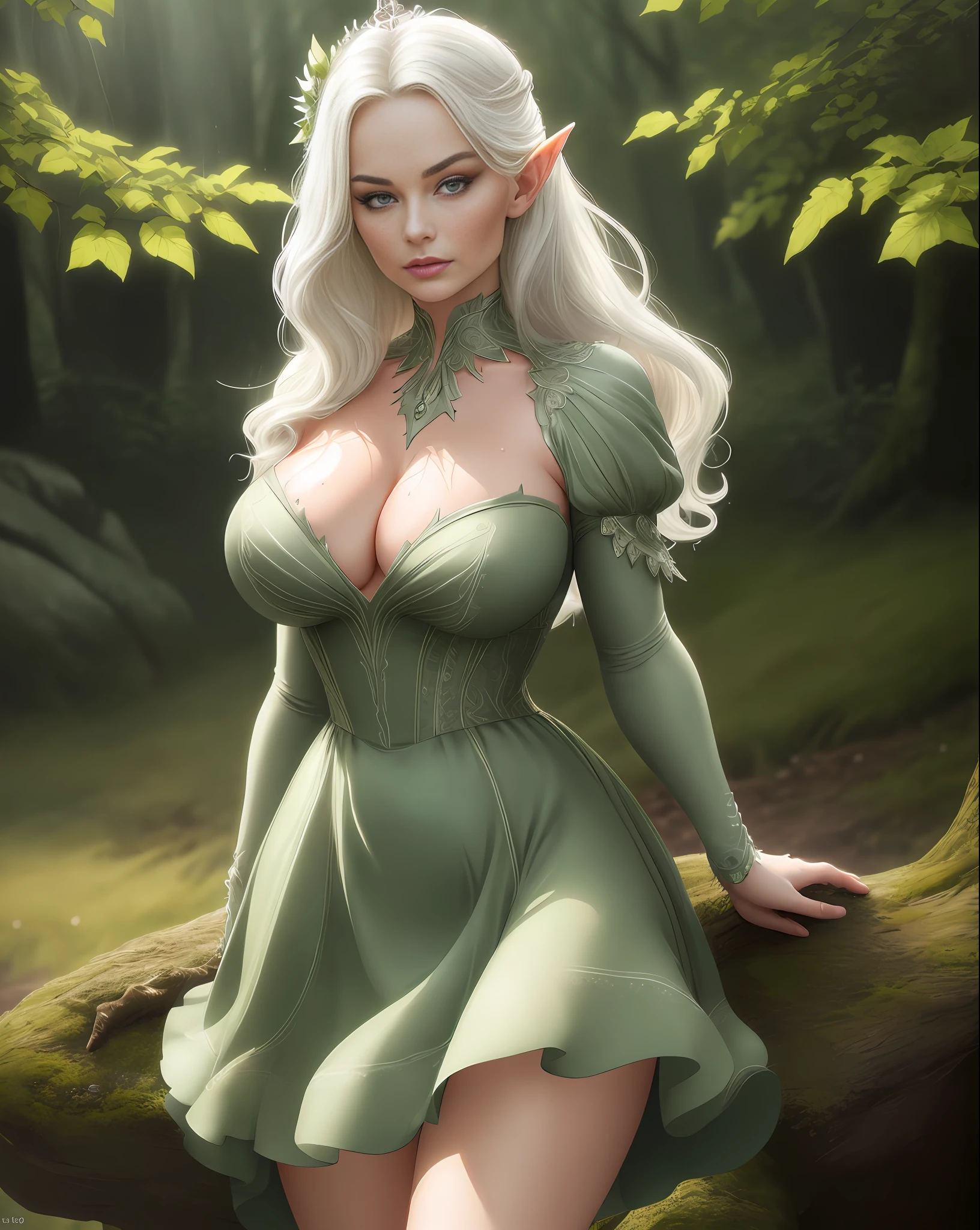 MARGOT ROBBIE, huge breasts (8k, RAW photo, top quality, masterpiece: 1.2), (realistic, photorealistic: 1.37), wet body, thick legs, wet hair, wet face, wet clothing, beautiful, woods, night, rain, wet, professional lighting, photon mapping, strapless, strapless photo, radiosity, tulle fabric, neckline, twig crown, green leaf dress, physics-based rendering, beautiful, elf, high quality photo, high resolution, 1080p, (clear face), (detailed facial description), (detailed hand description), (masterpiece), (elaborate CG), extreme light and shadow, short straight white hair, masterpiece, rich details, (fine facial features), (highest quality photo), (masterpiece), (detailed eye), look in front of your eyes, kissing face