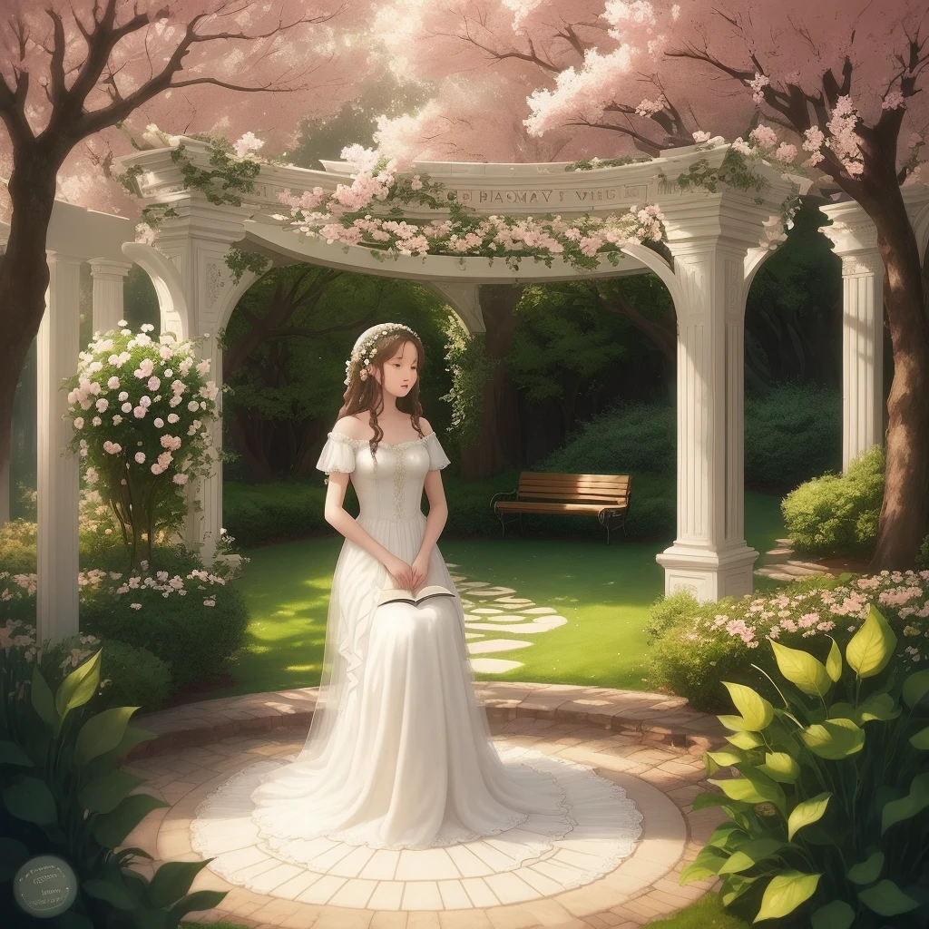 m romantic and charming setting, such as a flowered garden with a bench under a tree, where it is possible to imagine couples in love meeting. The environment would be illuminated by a soft and warm light, conveying a sense of romance and emotion.
In the center of the image, there could be an open book, symbolizing the magic of the novels. The pages of the book would be represented by beige and light brown hued leaves, with some words delicately written, suggesting that the reader is immersed in the story.