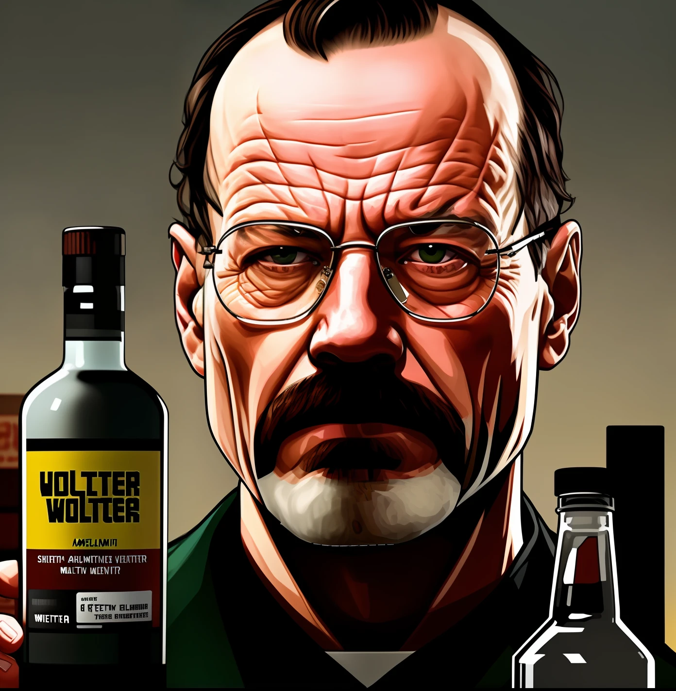 GTA V style of Walter White, with a background with meta amphetamines, looking at the camera holding a mop and with a bottle of whiskey