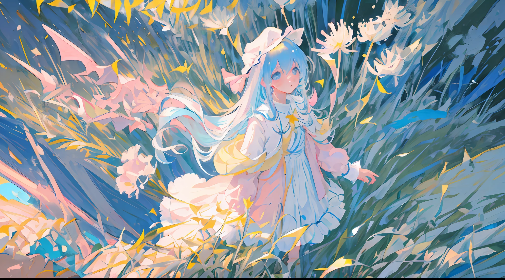 Masterpiece, best quality, a girl with long light blue hair, soft pink clothes, standing alone in a never ending dandelion field, far away aerial shot or view